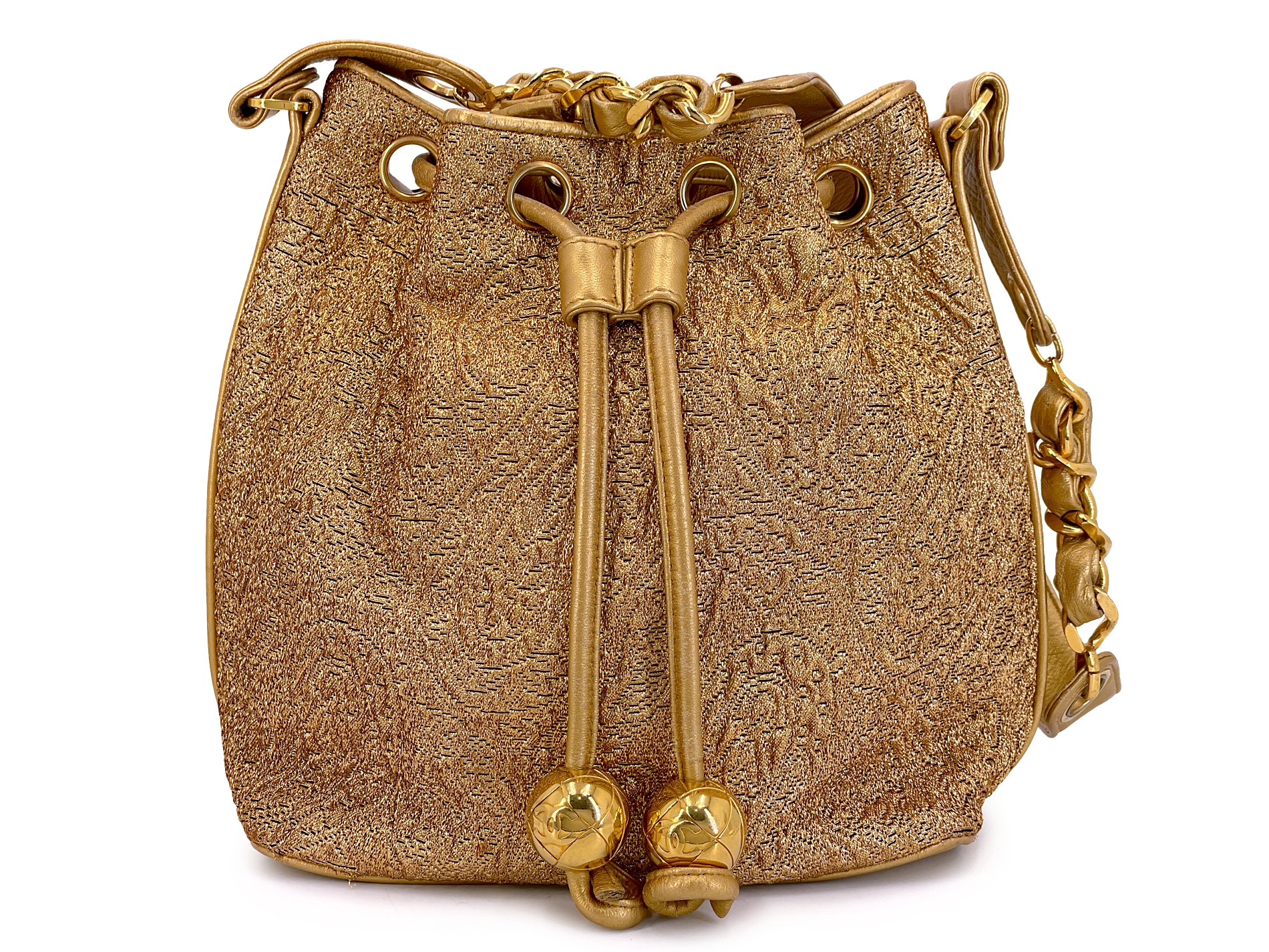 Vintage Gold Embroidered Silk Brocade Drawstring Bucket Bag Gold Hardware, 1993