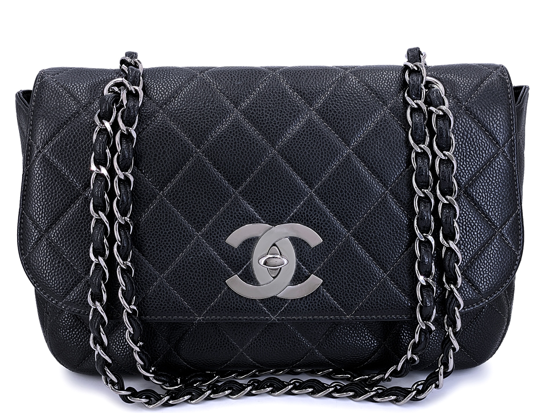 Vintage Black Quilted Caviar Jumbo Classic Flap Bag Ruthenium Hardware, 2001