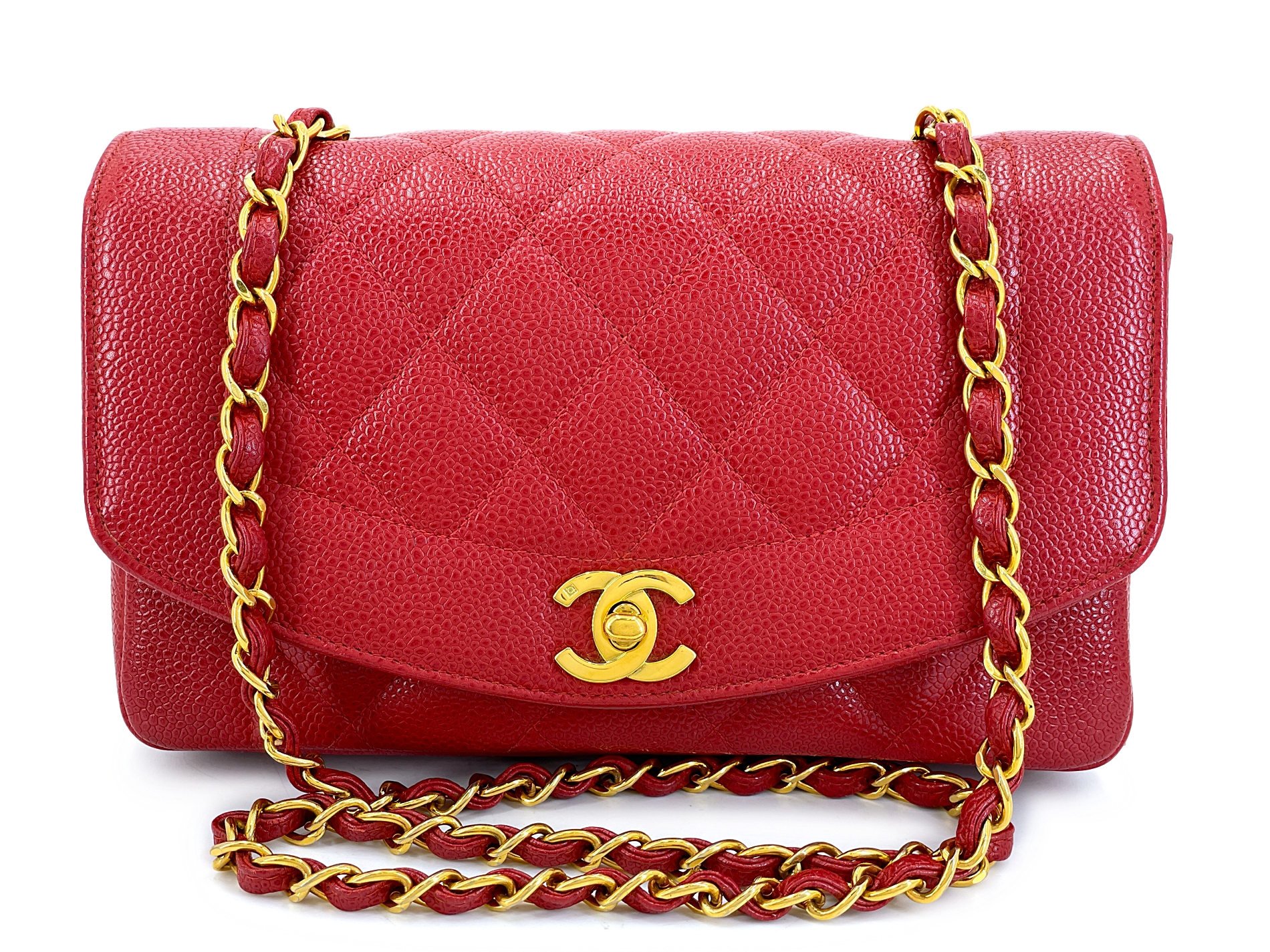 Vintage Red Quilted Caviar Small Diana Flap Bag Gold Hardware, 1994