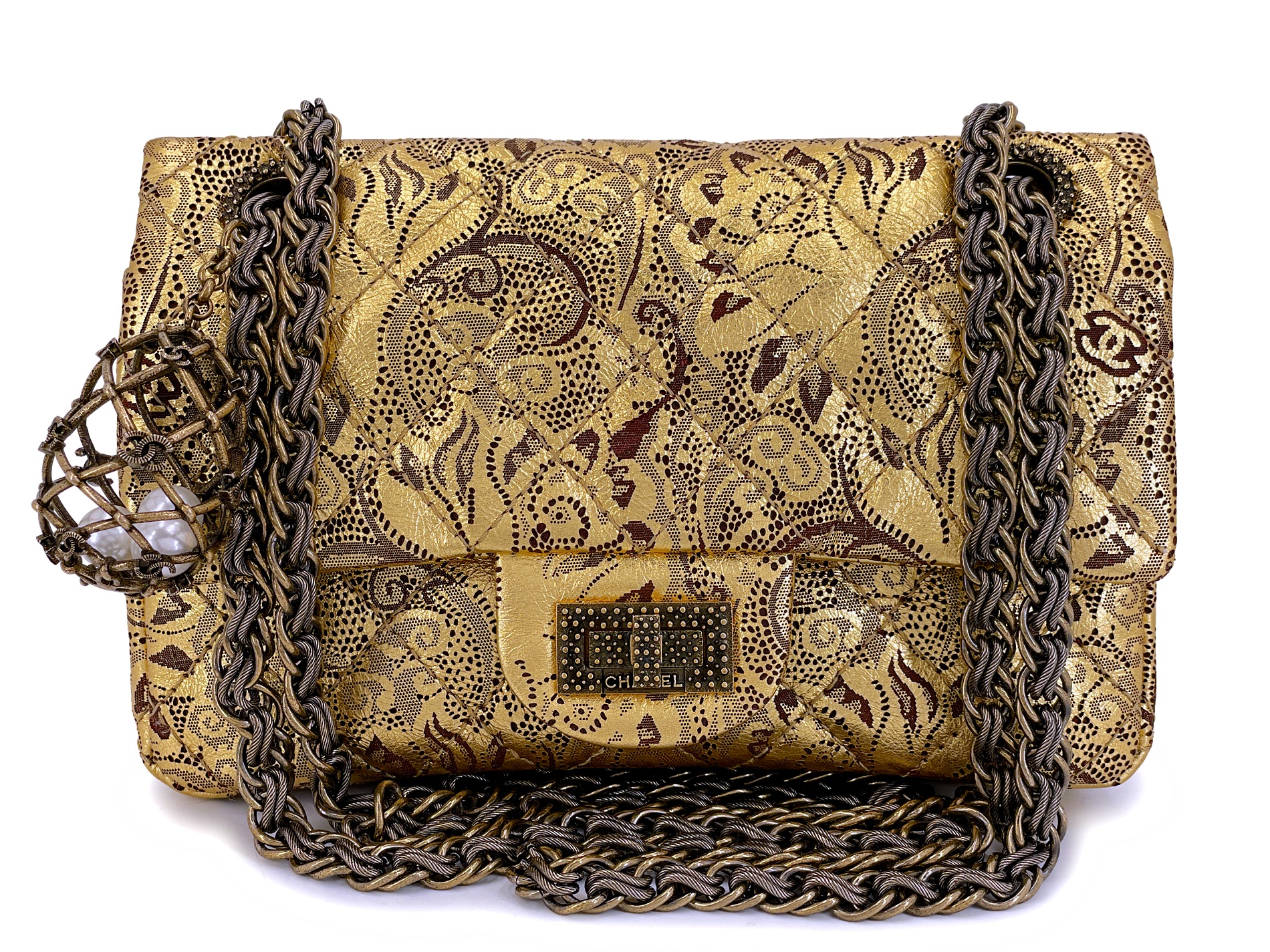 Gold Brocade Hand Painted Lace Quilted Buffalo Paris-Moscow 225 Reissue 2.55 Double Flap Bag Antique Gold Hardware, 2009