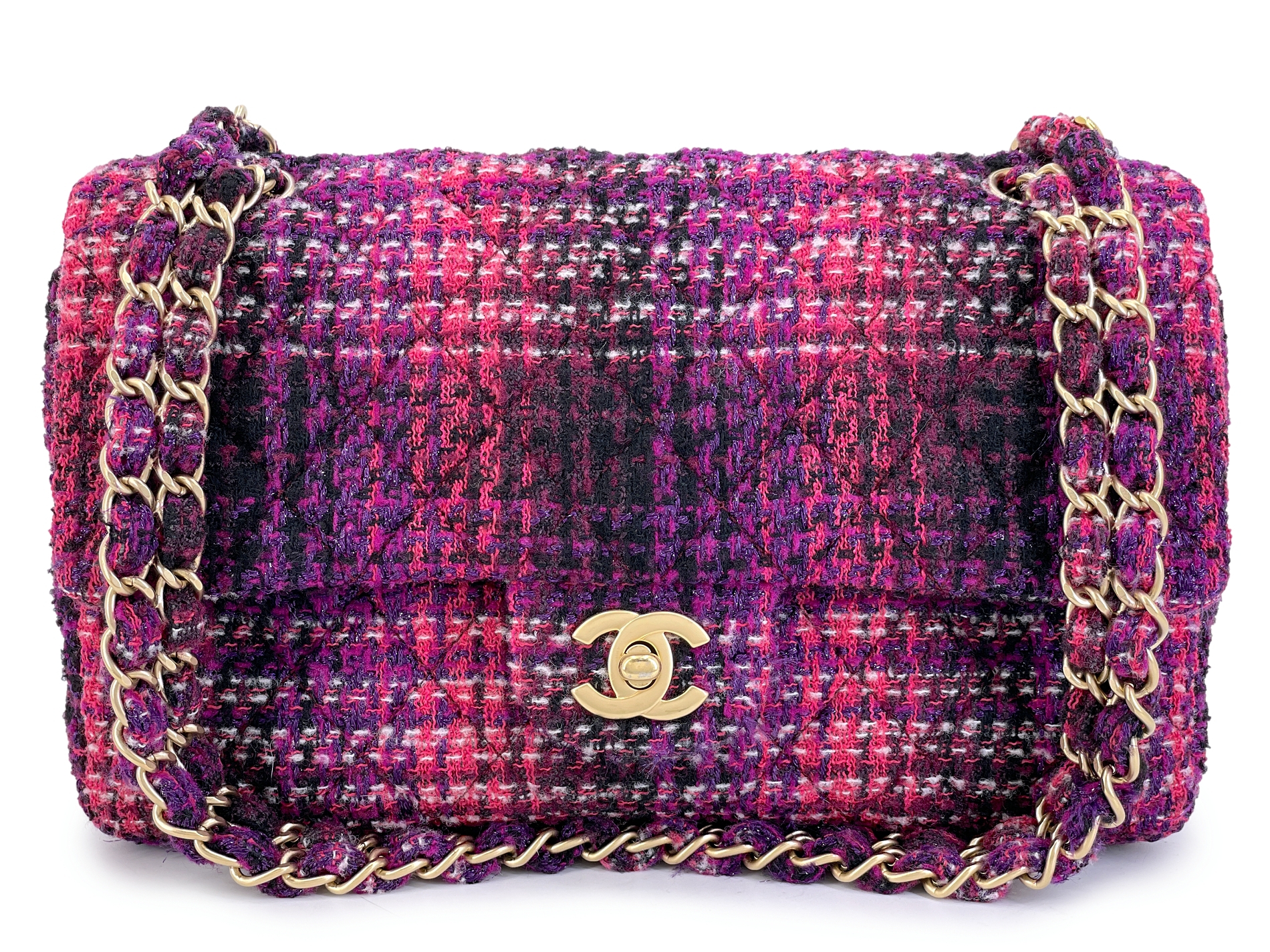 Fuchsia Purple Tweed Fused Chain Medium Classic Double Flap Bag Aged Gold Hardware, 2009-2010