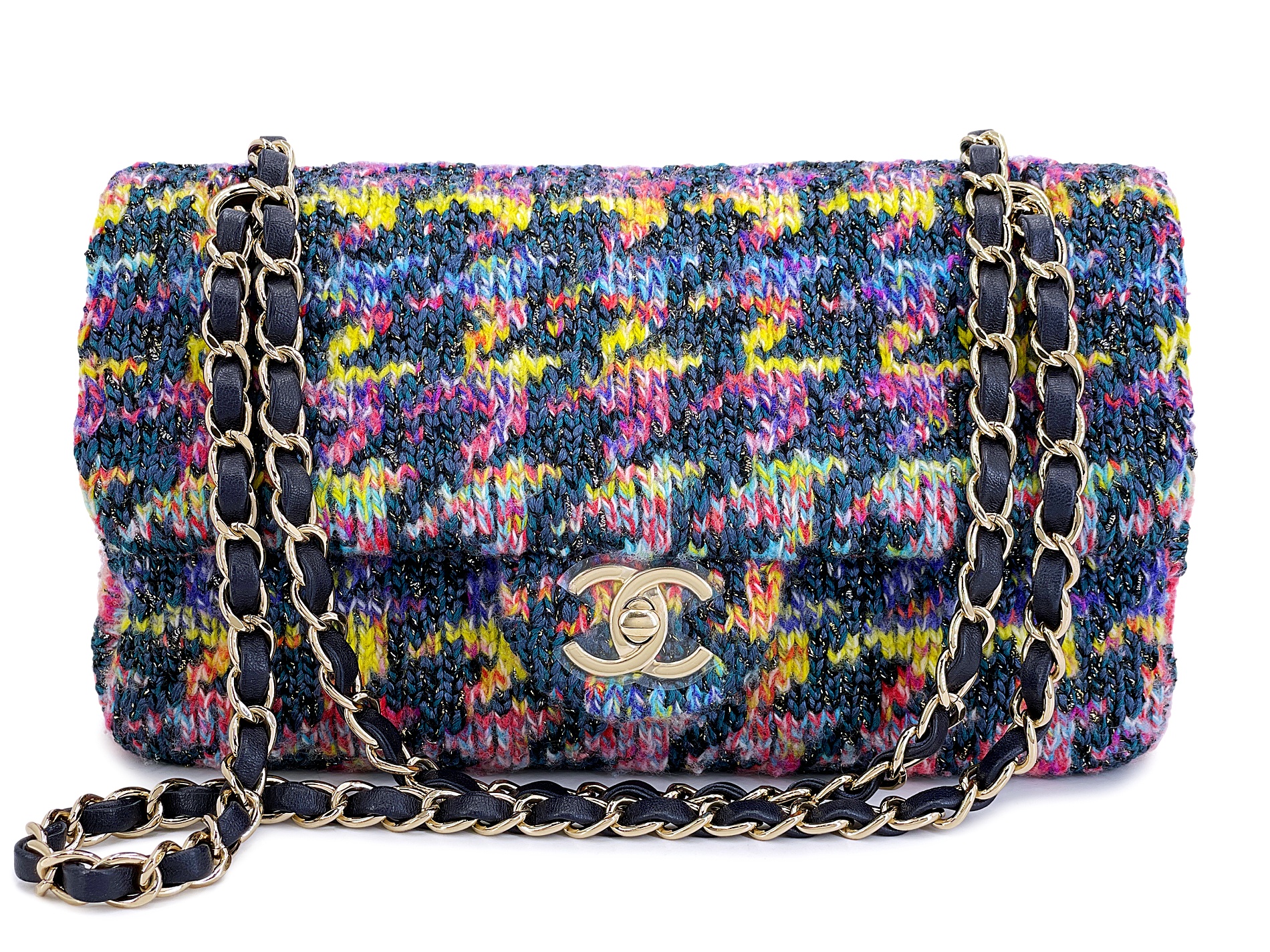 Rainbow Tweed Houndstooth Medium Classic Flap Bag Gold Hardware, 2020