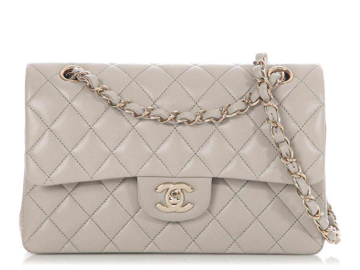 Light Grey Quilted Lambskin Small Classic Double Flap Bag Pale Gold Hardware, 2021