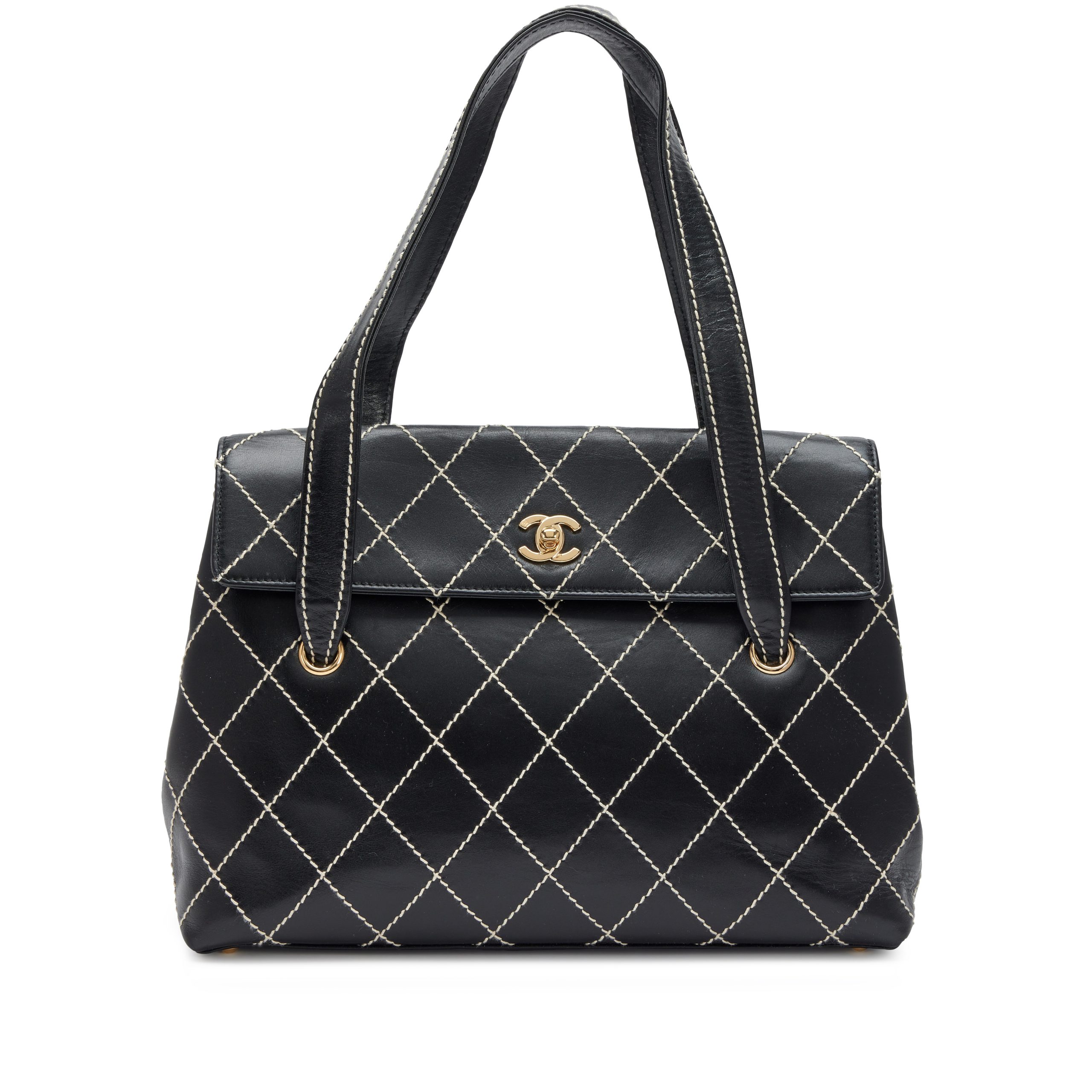 Black Quilted Calfskin Wild Stitch Surpique Flap Bag Gold Hardware, 2002-2003