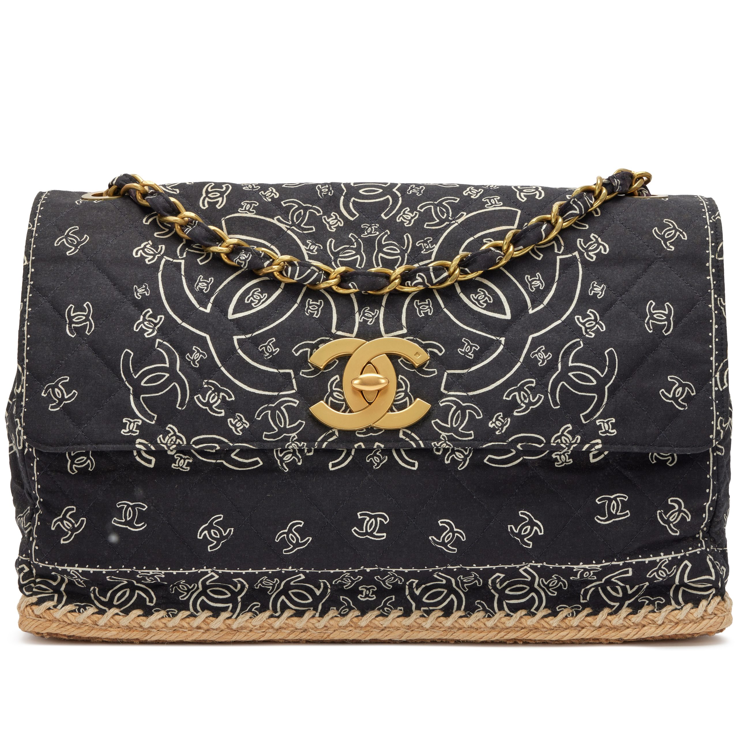 Black Quilted CC Logo Printed Canvas and Raffia Bandana Jumbo Flap Bag Aged Gold Hardware, 1991-1994