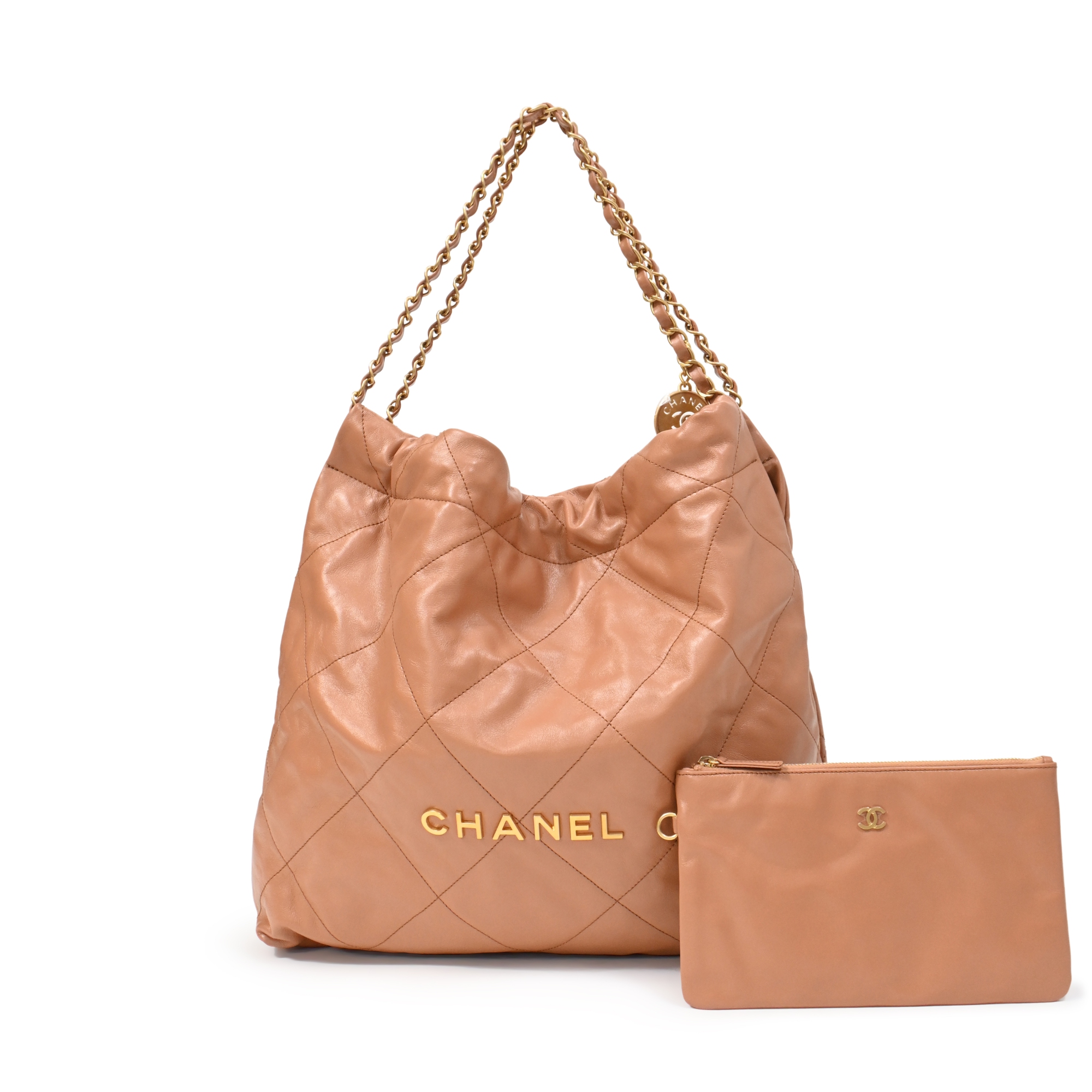 Brown Quilted Calfskin Chanel 22 Aged Gold Hardware