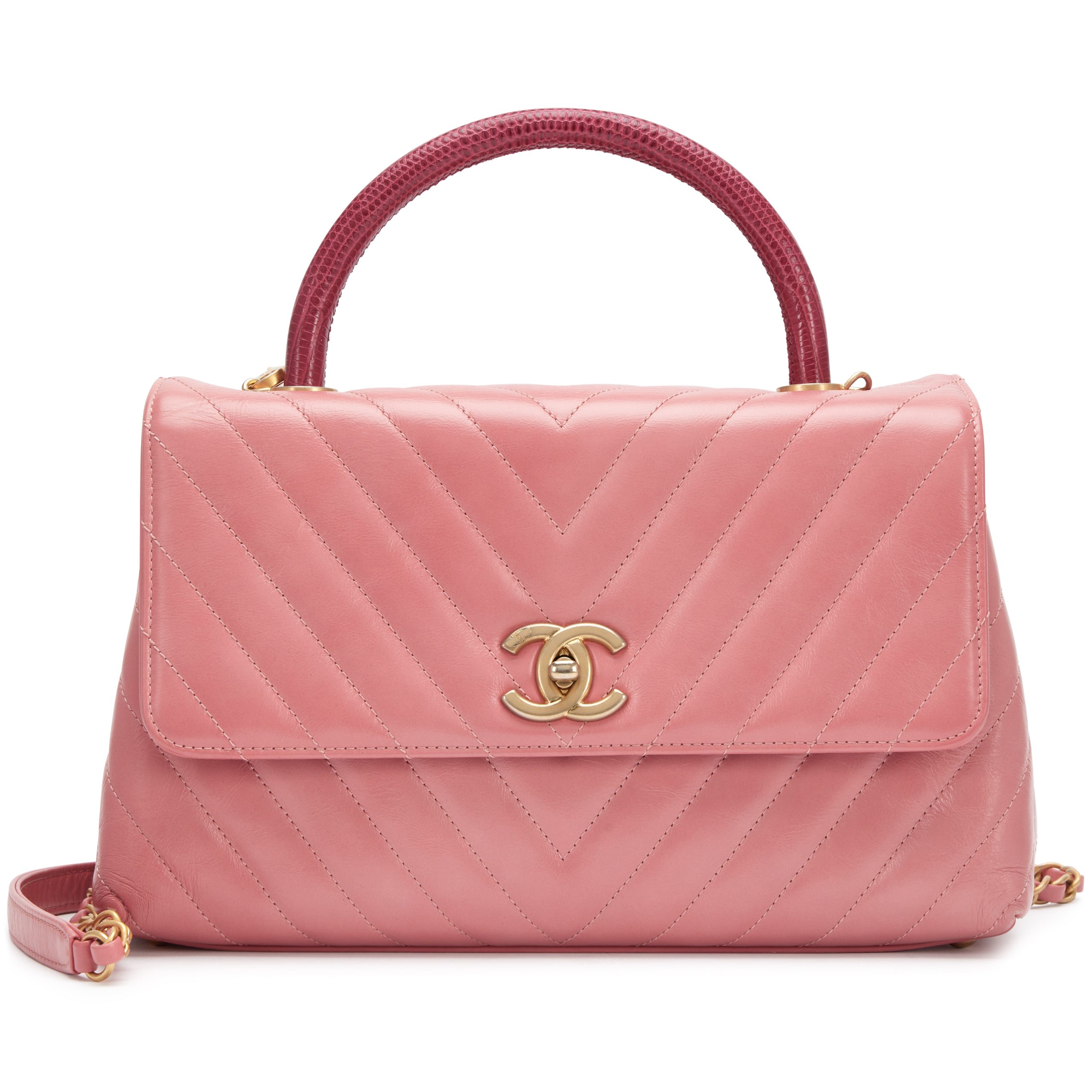 Pink Chevron Quilted Glazed Calfskin and Lizard Small Coco Handle Bag Aged Gold Hardware, 2018