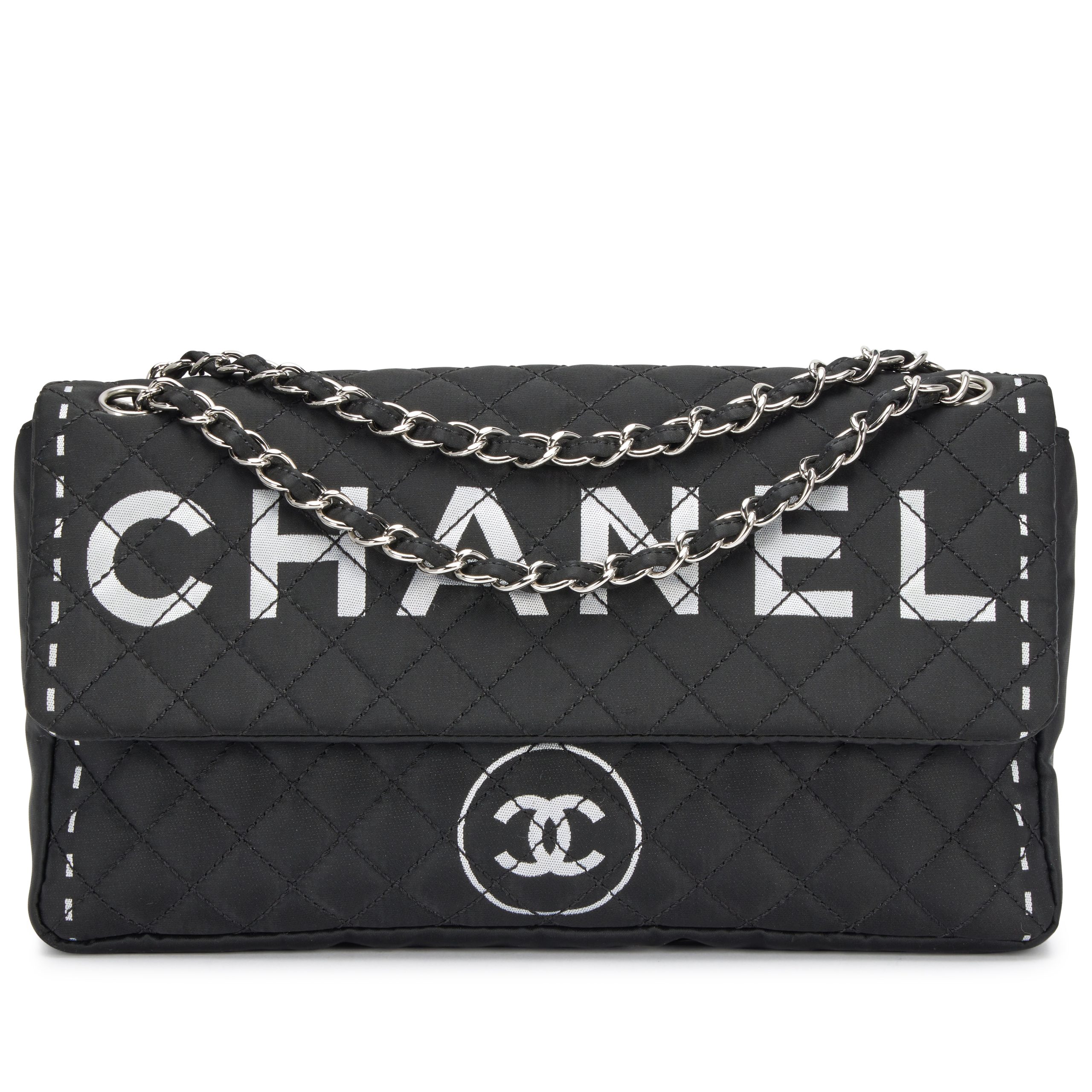  Black Quilted Nylon Letter Logo Printed Flap Bag Silver Hardware, 2008