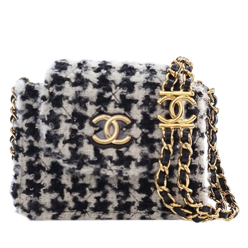 Black and White Tweed and Shearling Sequin Mini CC Accordion Flap Bag Gold Hardware, 2020s
