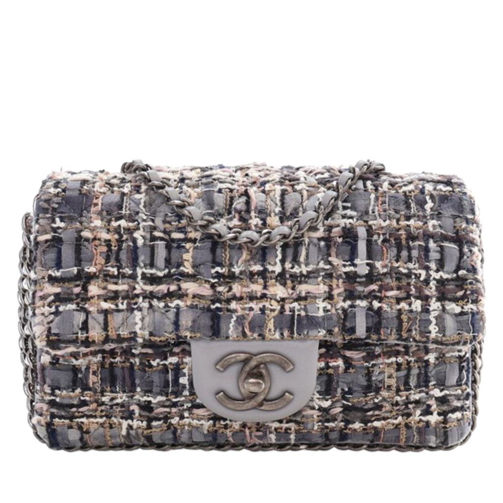 Grey Tweed River Of Pearls Mini Flap Bag Ruthenium Hardware, 2020
