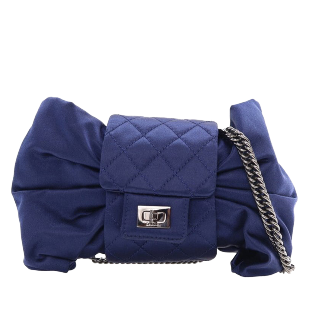 Navy Blue Satin Evening Bow Bag Silver Hardware, 2008-2009