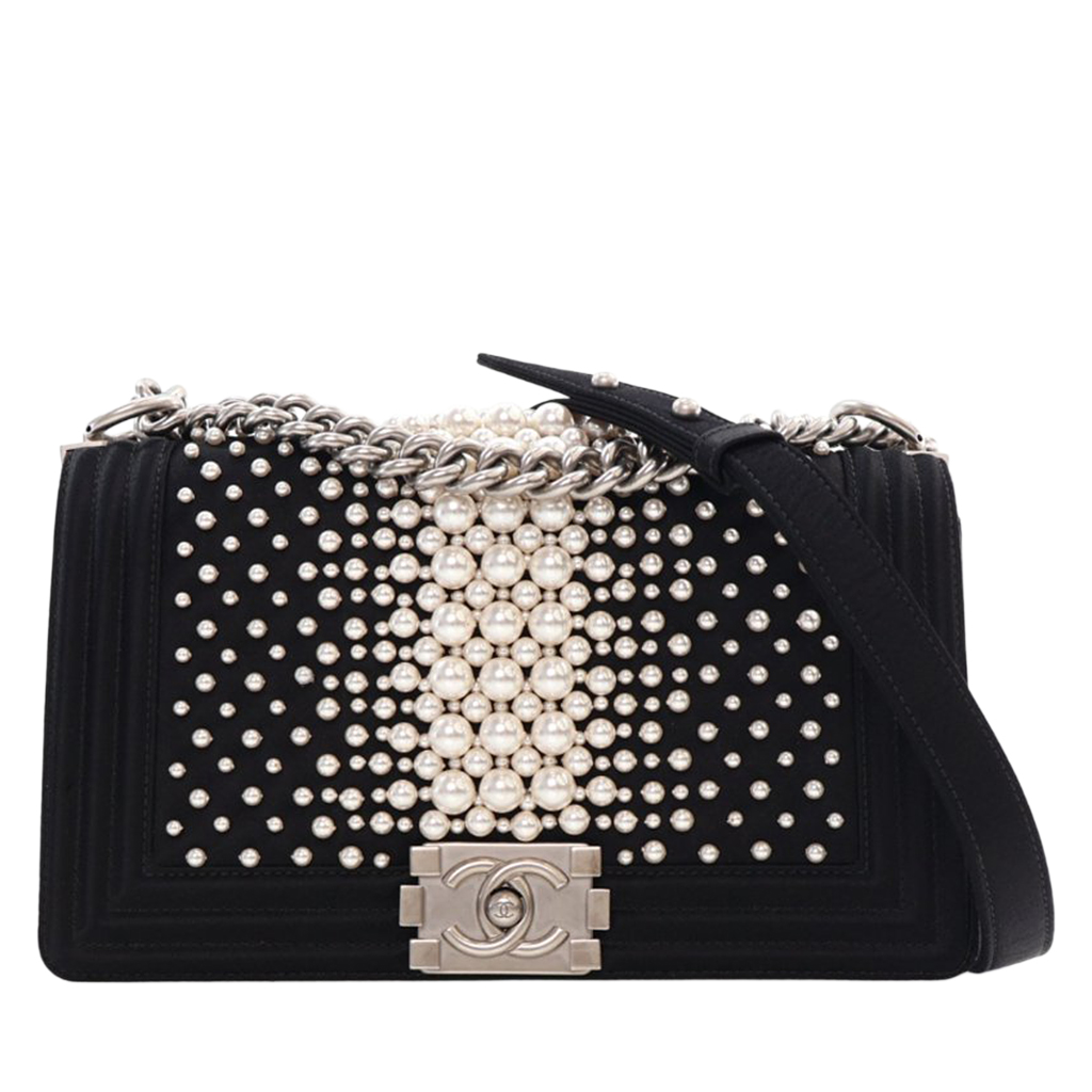 Pearl Embellished Black Satin Medium Boy Bag Silver Hardware, 2015-2016