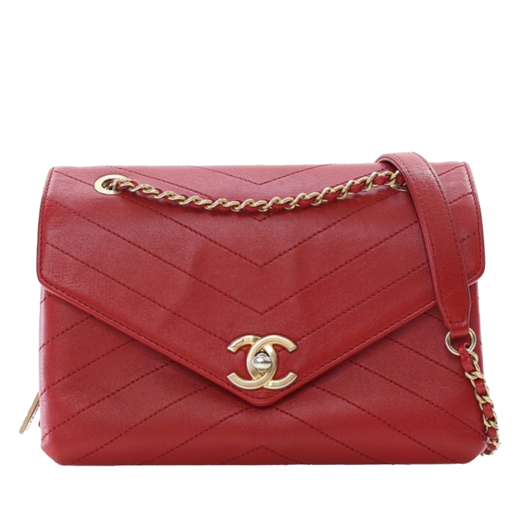 Red Quilted Calfskin Small Coco Chevron Envelope Flap Bag Aged Gold Hardware, 2018