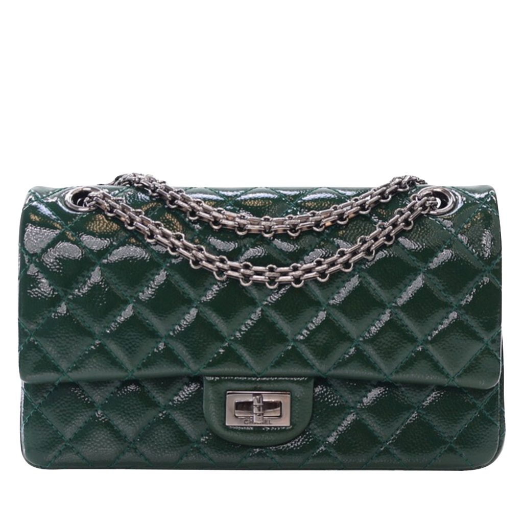 Dark Green Quilted  Patent 2.55 Reissue 225 Flap Bag Ruthenium Hardware, 2014-2015