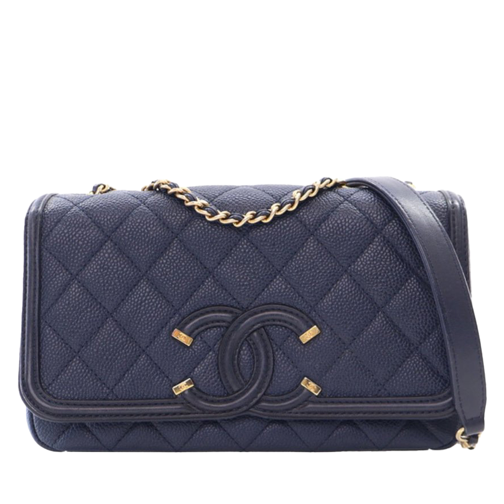 Navy Blue Quilted Caviar Small Filigree Flap Bag Gold Hardware, 2016-2017