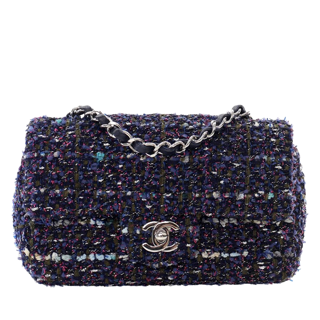 Blue Multicolor Tweed Mini Rectangular Flap Bag Silver Hardware, 2018-2019