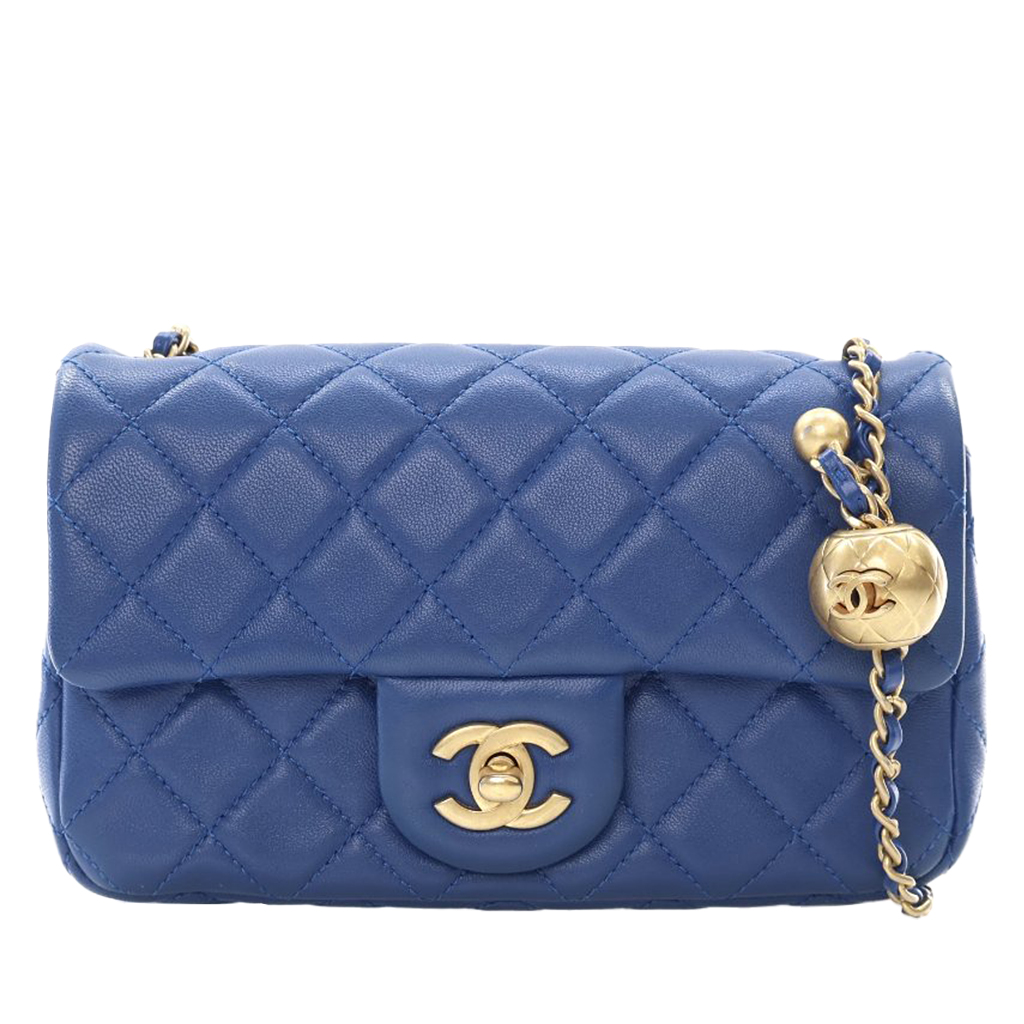 Navy Blue Quilted Lambskin Mini Rectangular Pearl Crush Flap Bag Aged Gold Hardware, 2020