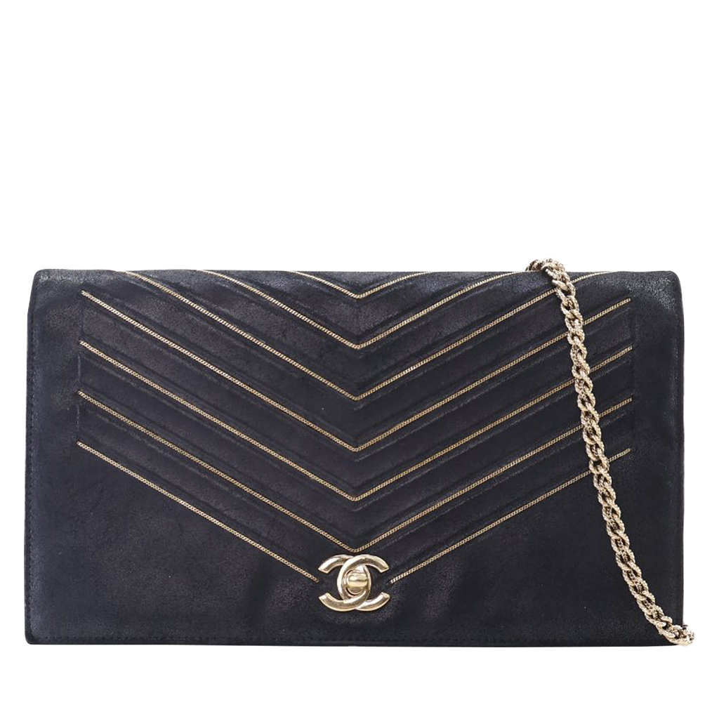 Black Nubuck Suede Micro Chain Chevron Flap Bag Gold Hardware, 2017-2018