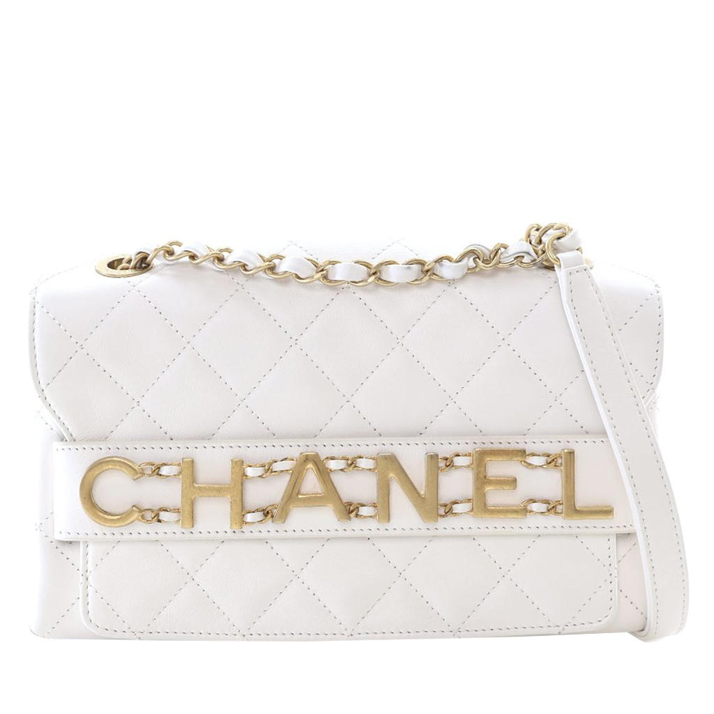 Chanel Medium White Calfskin Logo Enchained Flap Bag Aged Gold Hardware, 2019