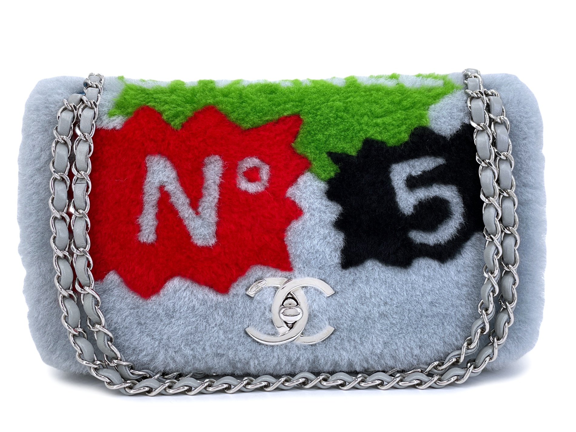 Gray Multicolor Shearling Supermarket Comic Flap Bag Silver Hardware, 2014