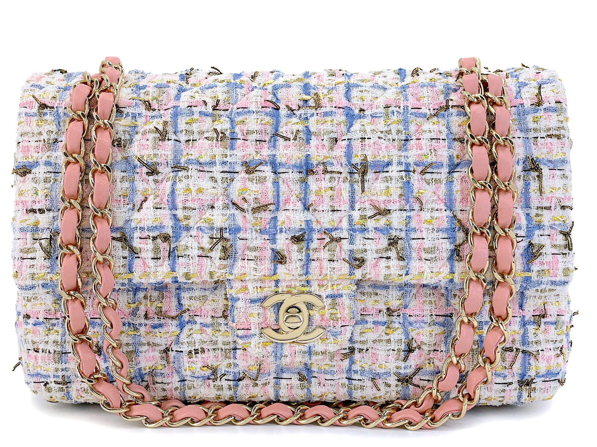 Pink Quilted Tweed Boucle Medium Classic Double Flap Bag Gold Hardware, 2019
