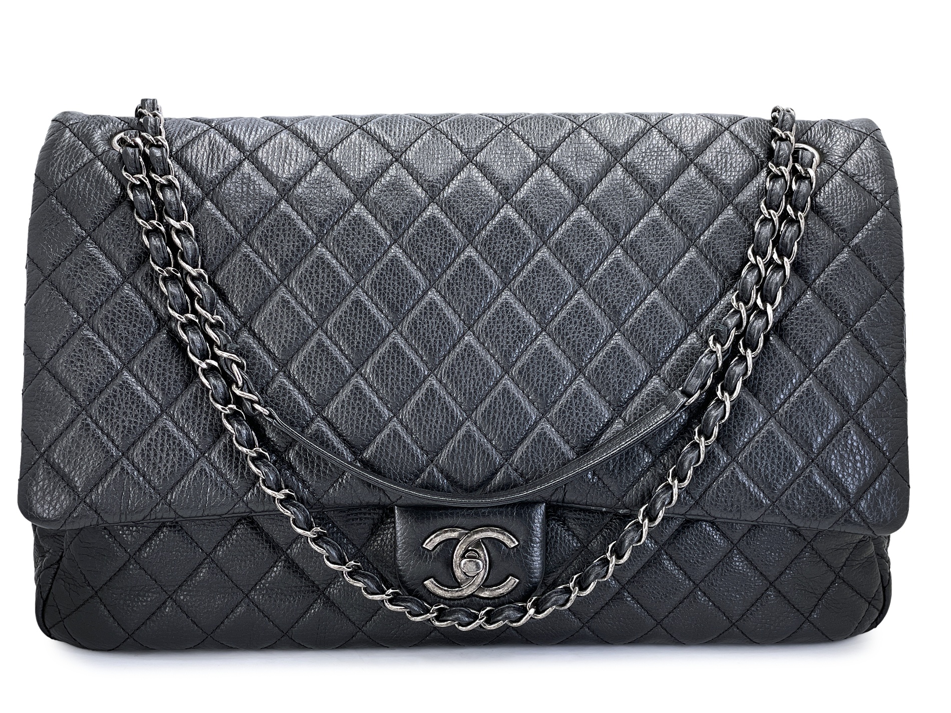 Black Quilted Grained Calfskin Airlines XXL Flap Bag Ruthenium Hardware, 2016