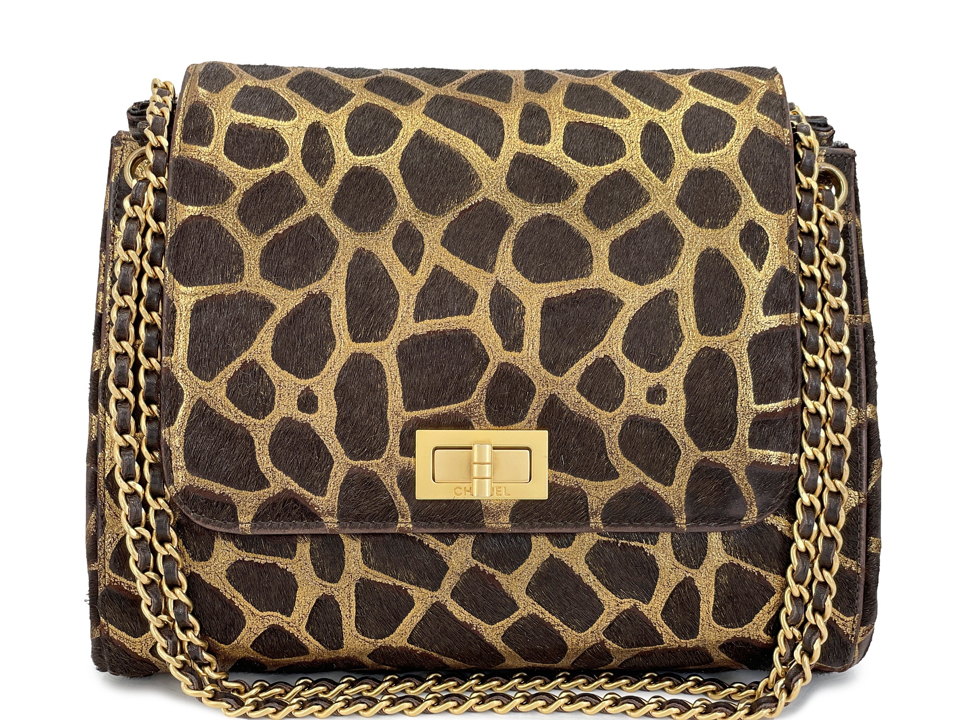 Vintage  Brown Giraffe Pony Hair Medium Accordion Flap Bag Gold Hardware, 2000