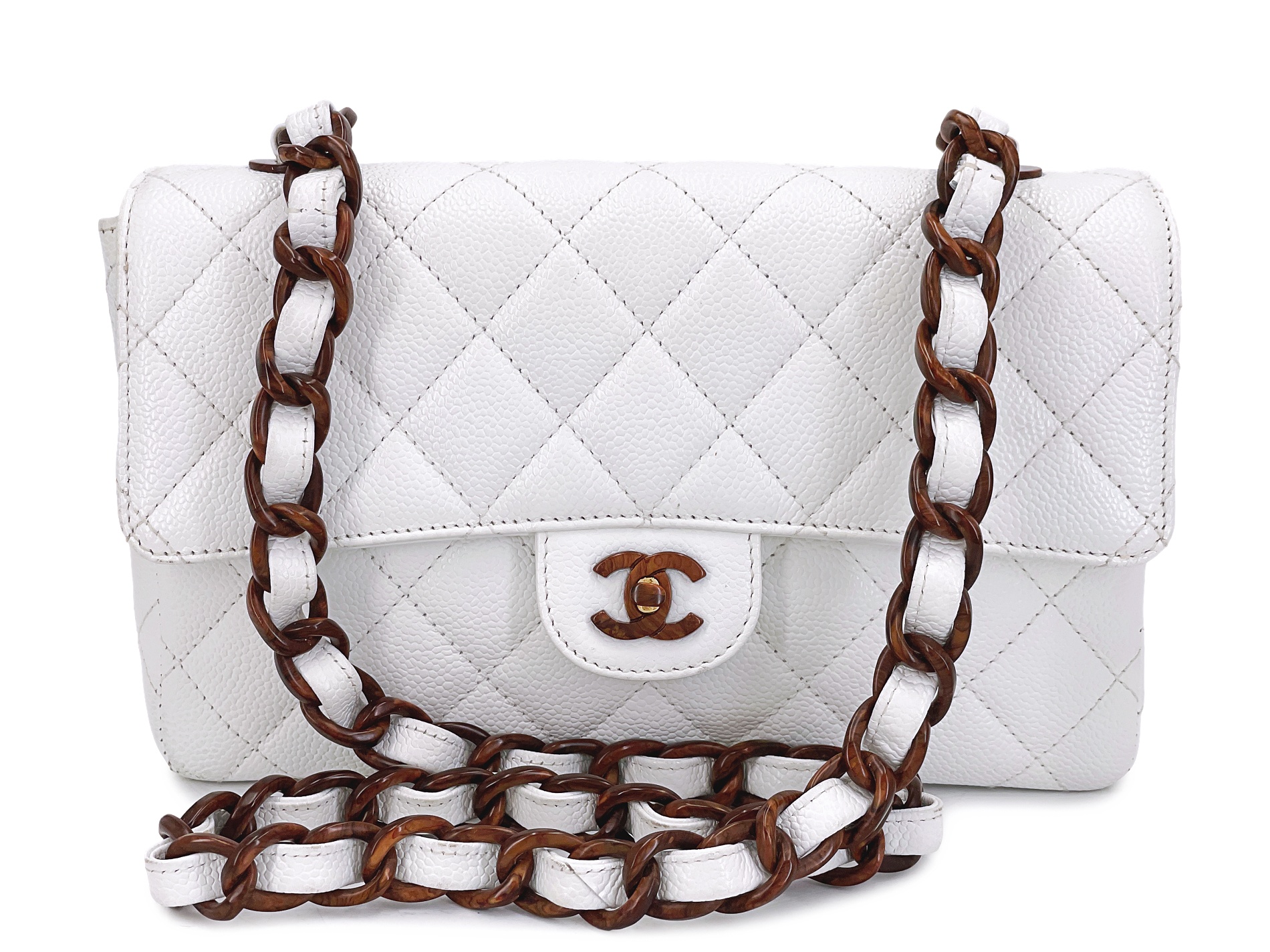 Vintage White Quilted Caviar Medium Classic Flap Bag Wooden Hardware, 1997-1999
