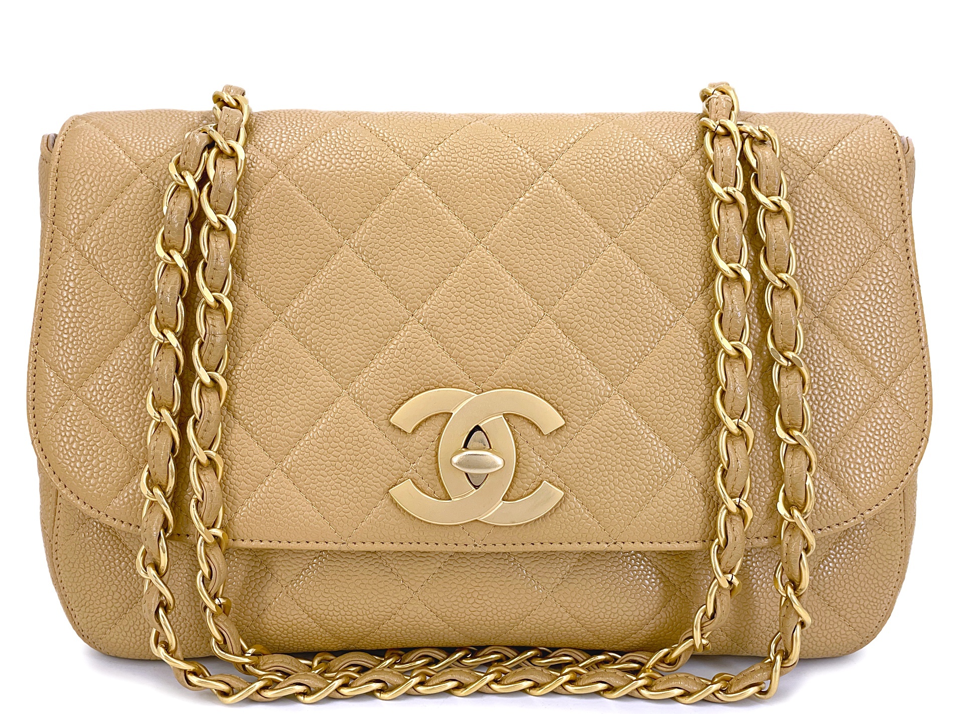 Vintage Beige Quilted Caviar Jumbo Classic Curved Flap Bag Gold Hardware, 2001
