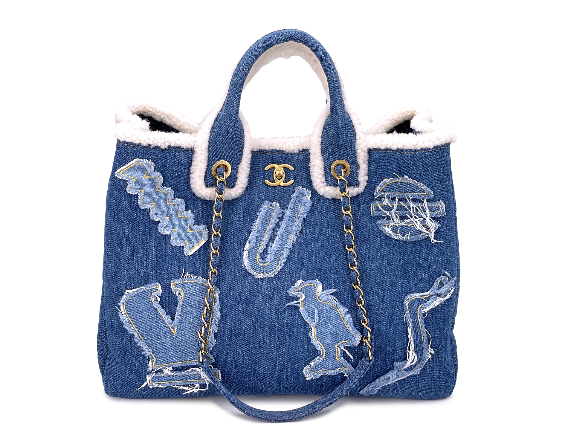 Blue Denim, White Shearling Paris-New York Hieroglyph Maxi Flap Bag Gold Hardware, 2019