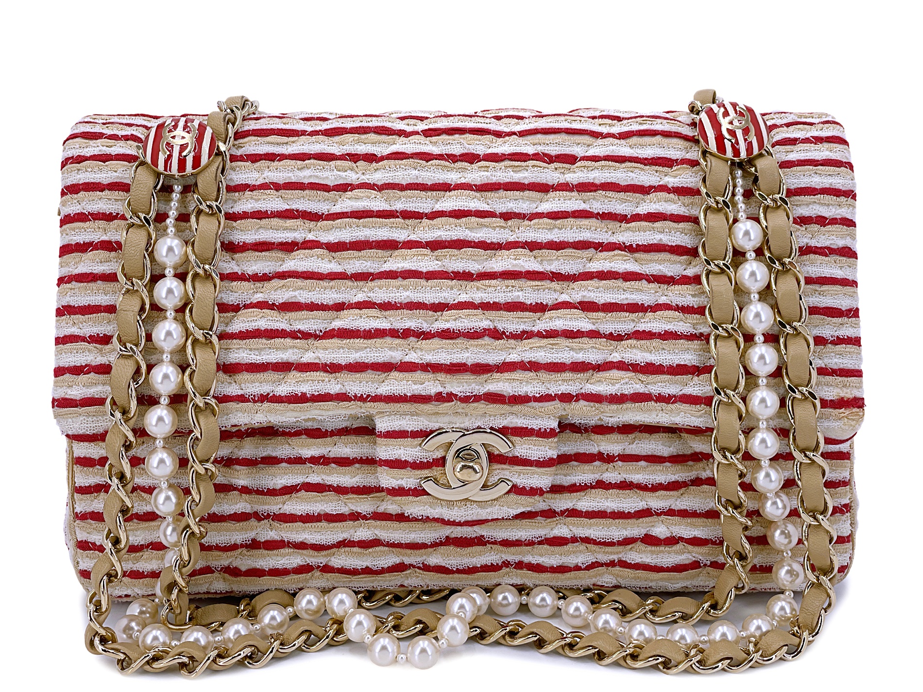 Red and White Canvas Striped Coco Sailor Pearl Medium Classic Double Flap Bag Gold Hardware, 2014