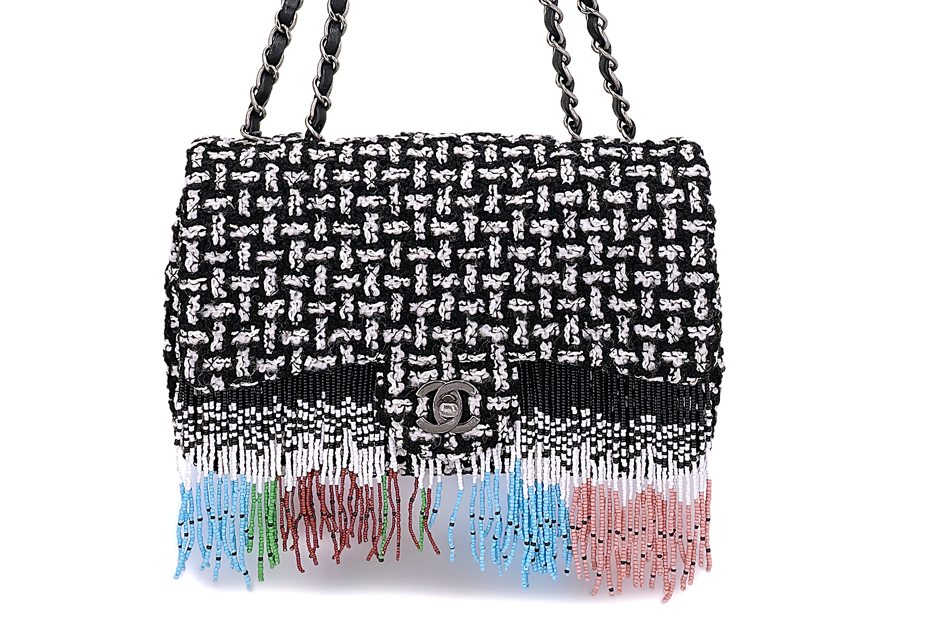 Black and White Tweed Paris-Dallas Mtiers d'Art Beaded Fringe Flap Bag Ruthenium Hardware, 2014