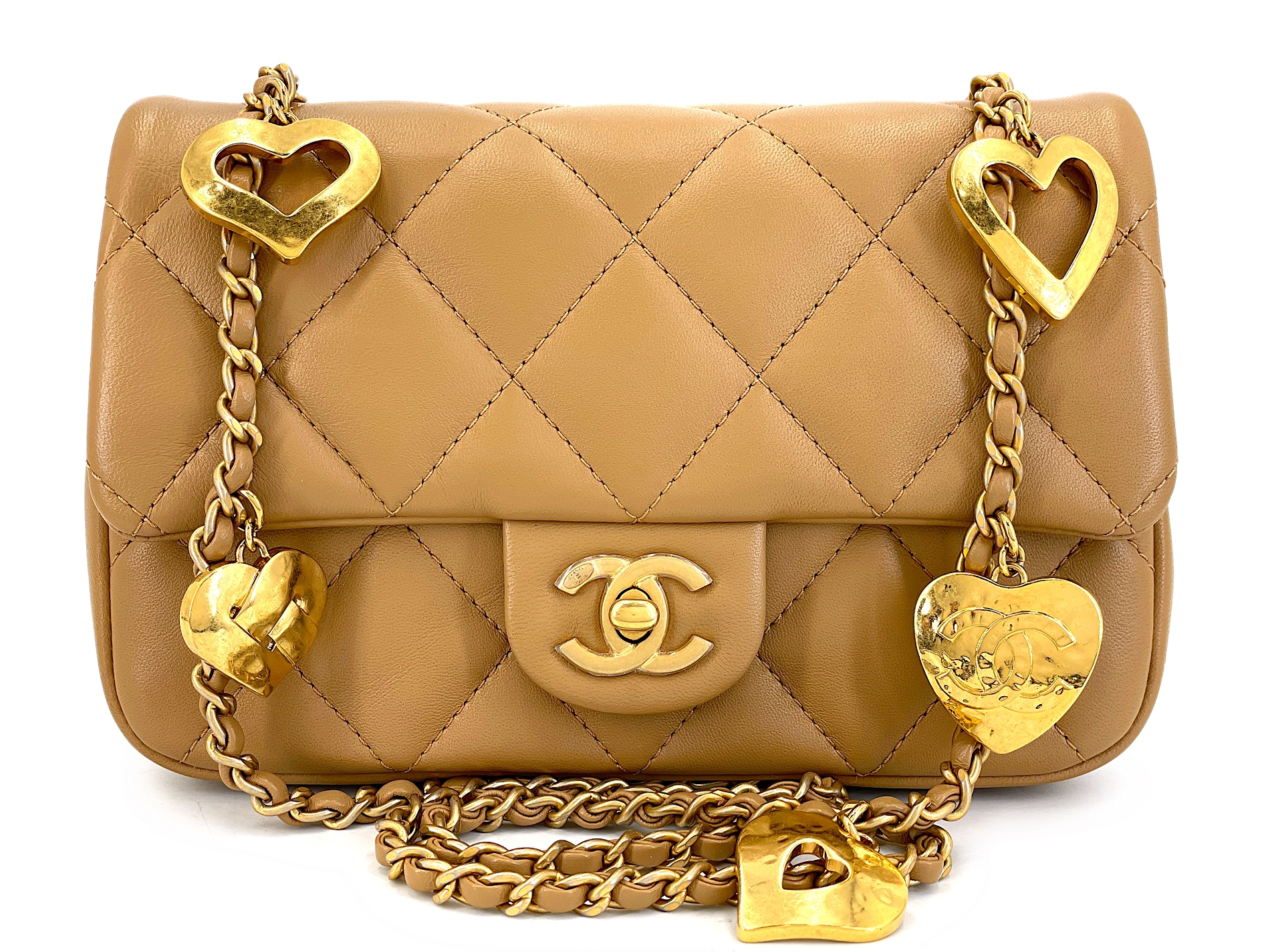 Caramel Beige Heart Charms Mini Flap Bag Aged Gold Hardware, 2022