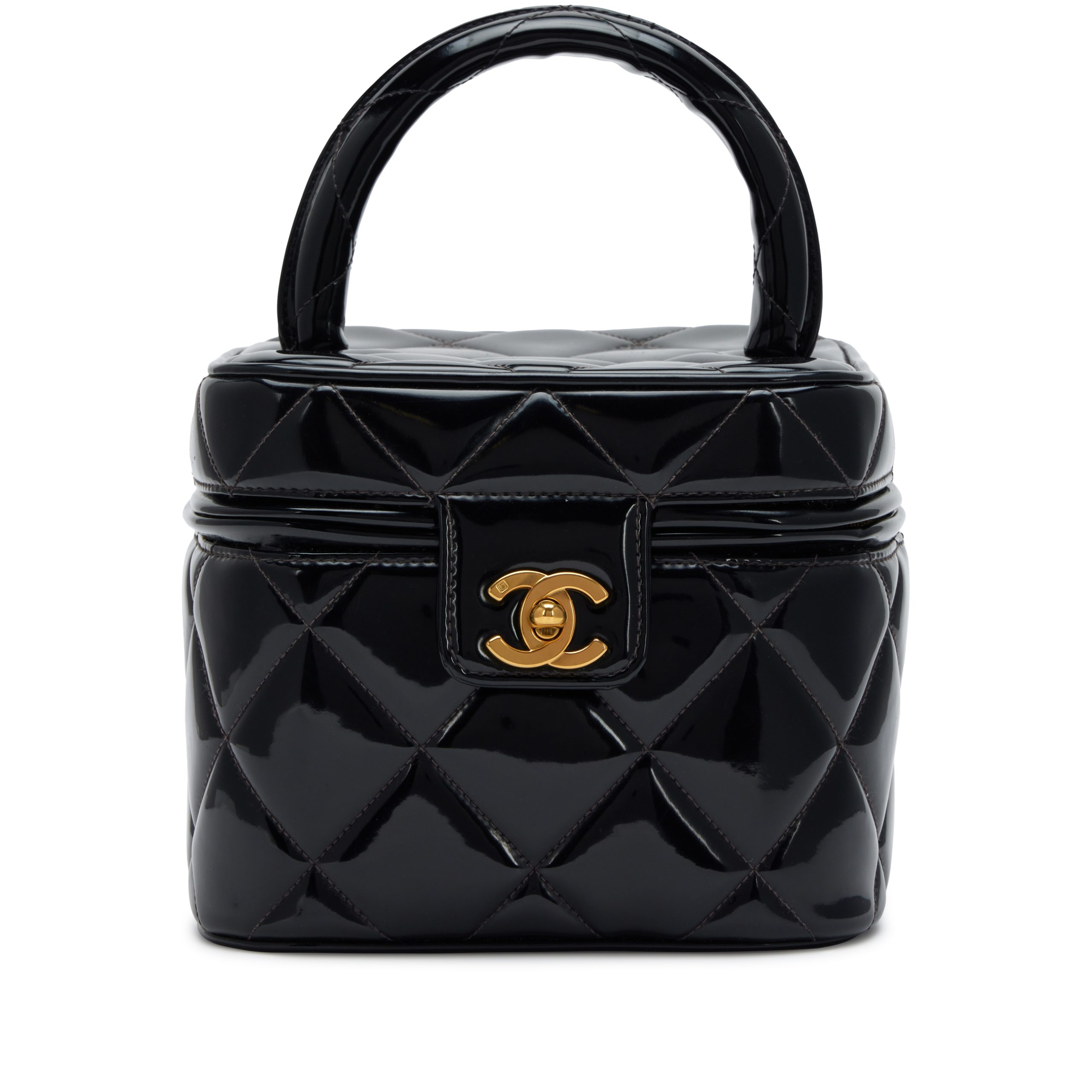 Black Quilted Patent Barbie Heart Mirror Vanity Case Bag Gold Hardware, 1995