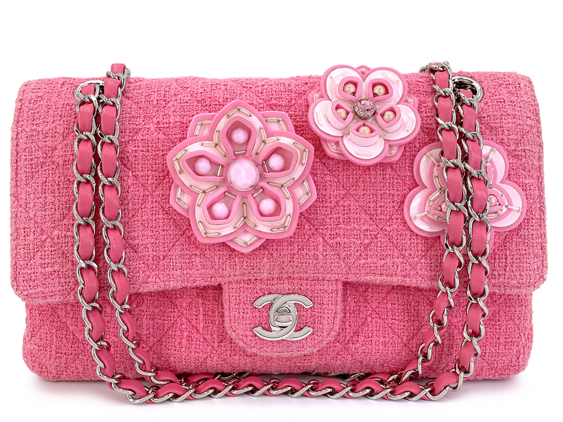 Pink Tweed, Crystal, and Silicone Sakura Flower Flap Bag Silver Hardware, 2016-2017