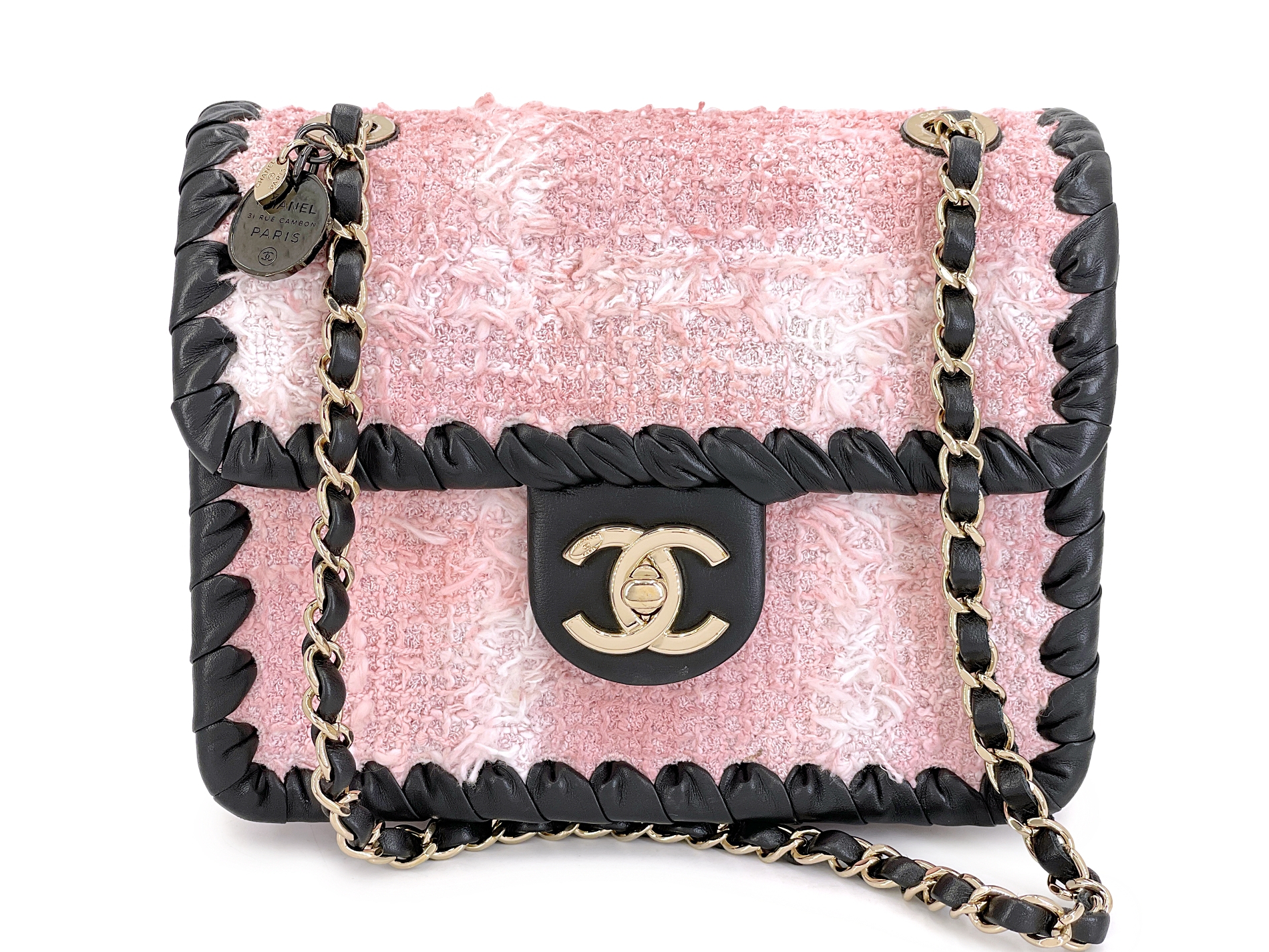 Pink Tweed and Black Lambskin Square Mini Flap Bag Gold Hardware, 2022
