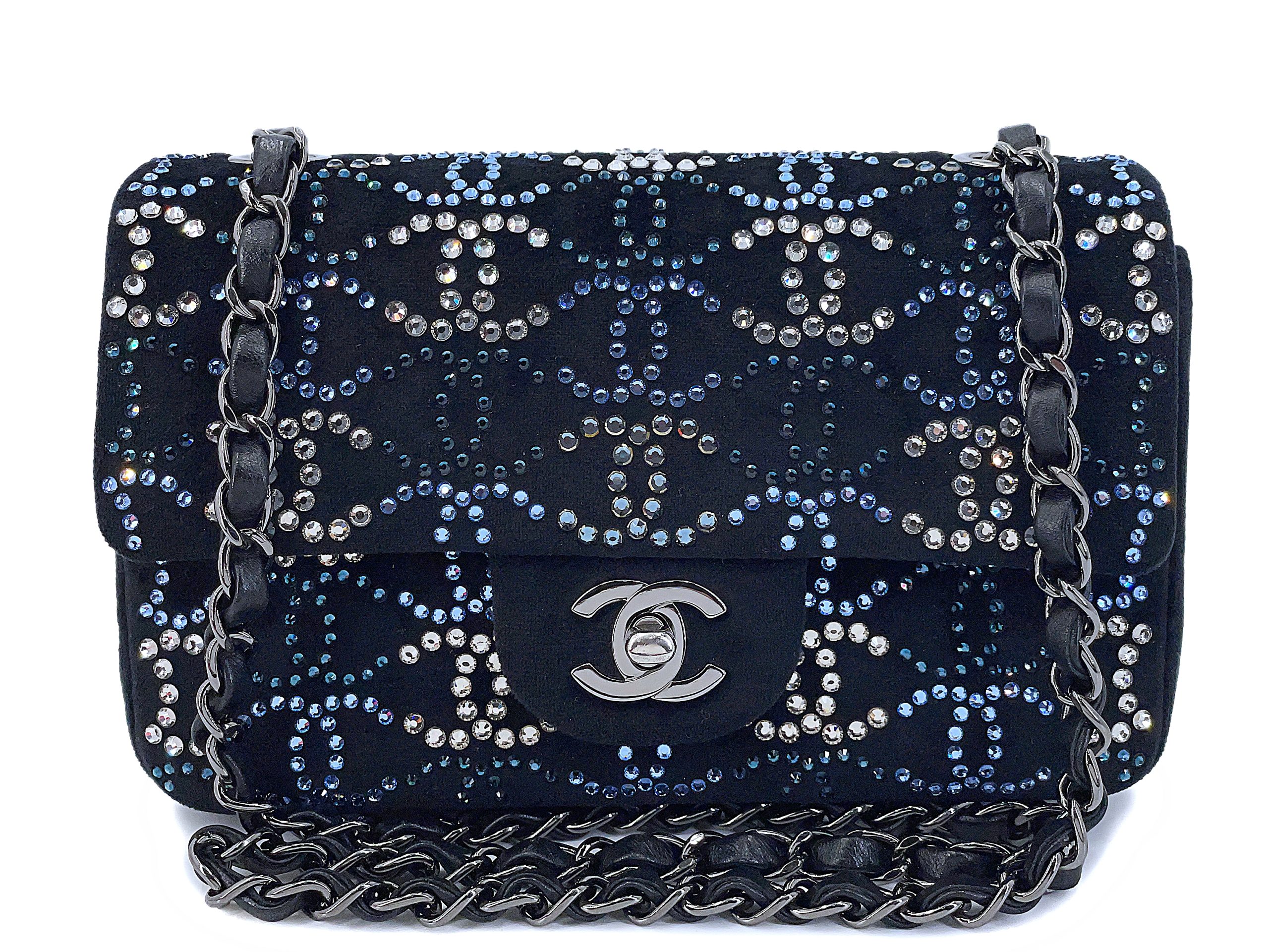 Midnight Navy Blue Velvet Crystal CC Embellished Rectangular Mini Flap Bag Ruthenium Hardware, 2020