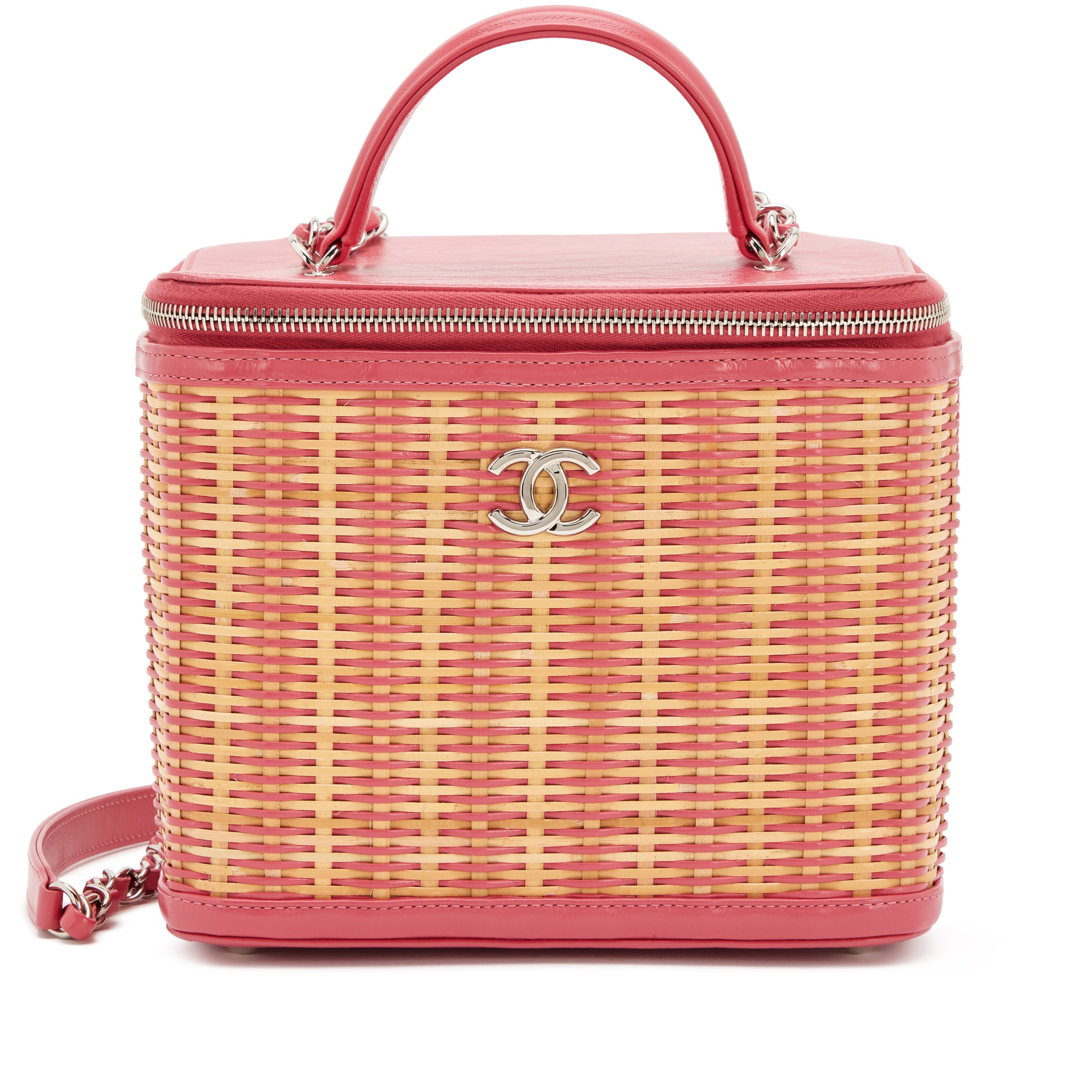 Pink Glazed Calfskin and Raffia Vanity Case Bag Silver Hardware, 2019