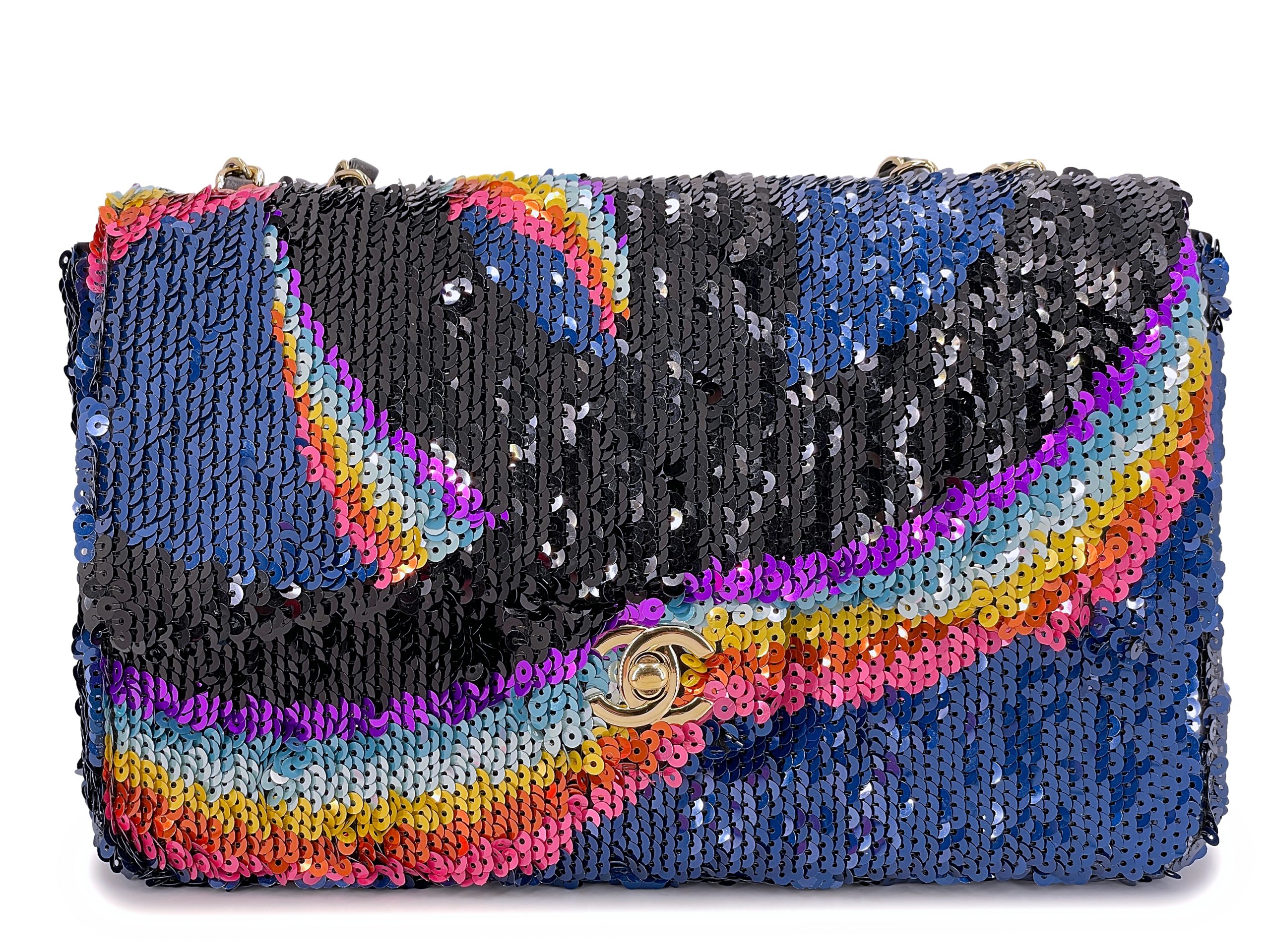 Rainbow Sequin and Blue Lambskin Medium Single Flap Bag Gold Hardware, 2021