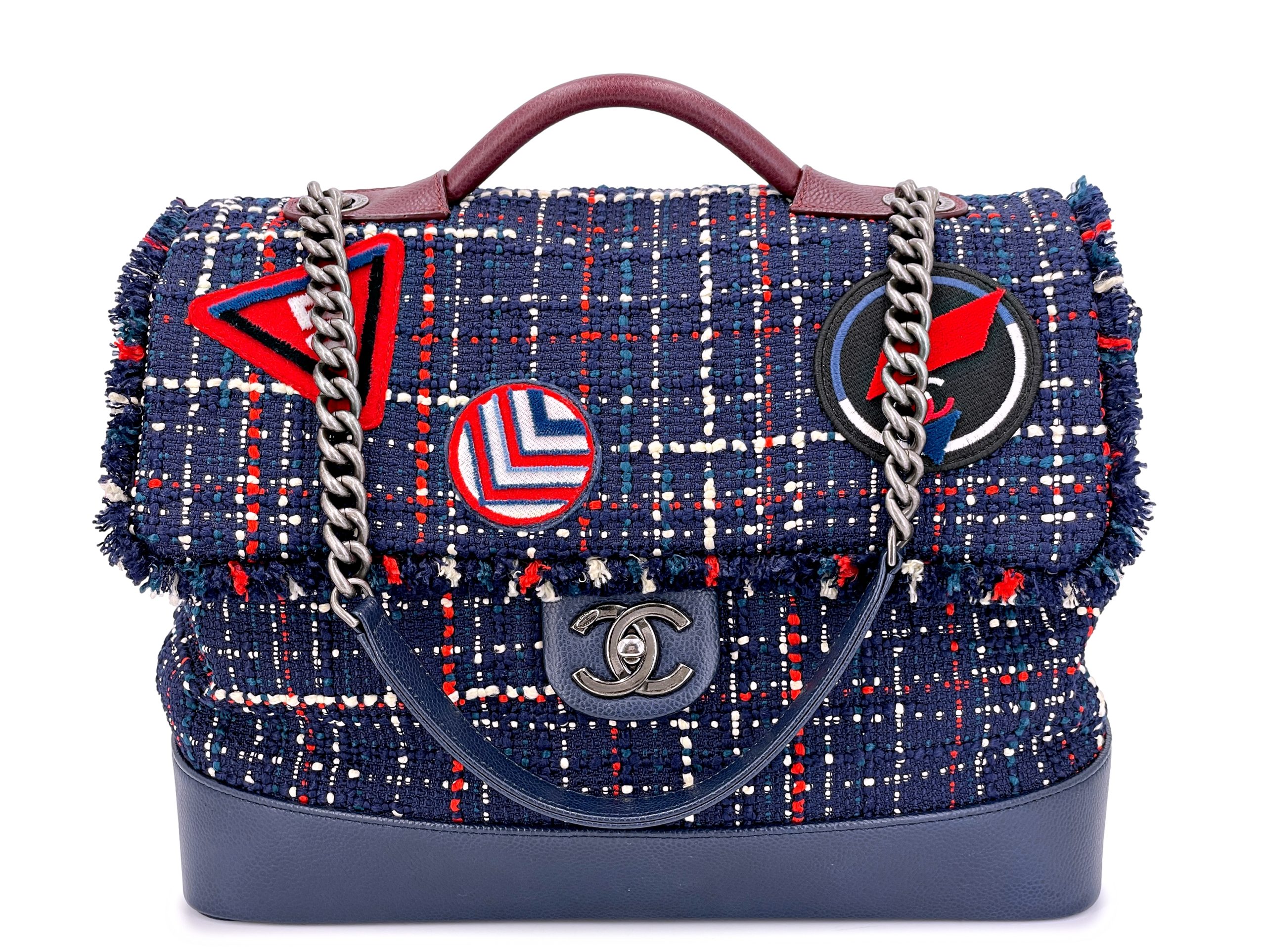 Navy Blue Tweed Large Airlines Pilot's Briefcase Flap Bag Ruthenium Hardware, 2016