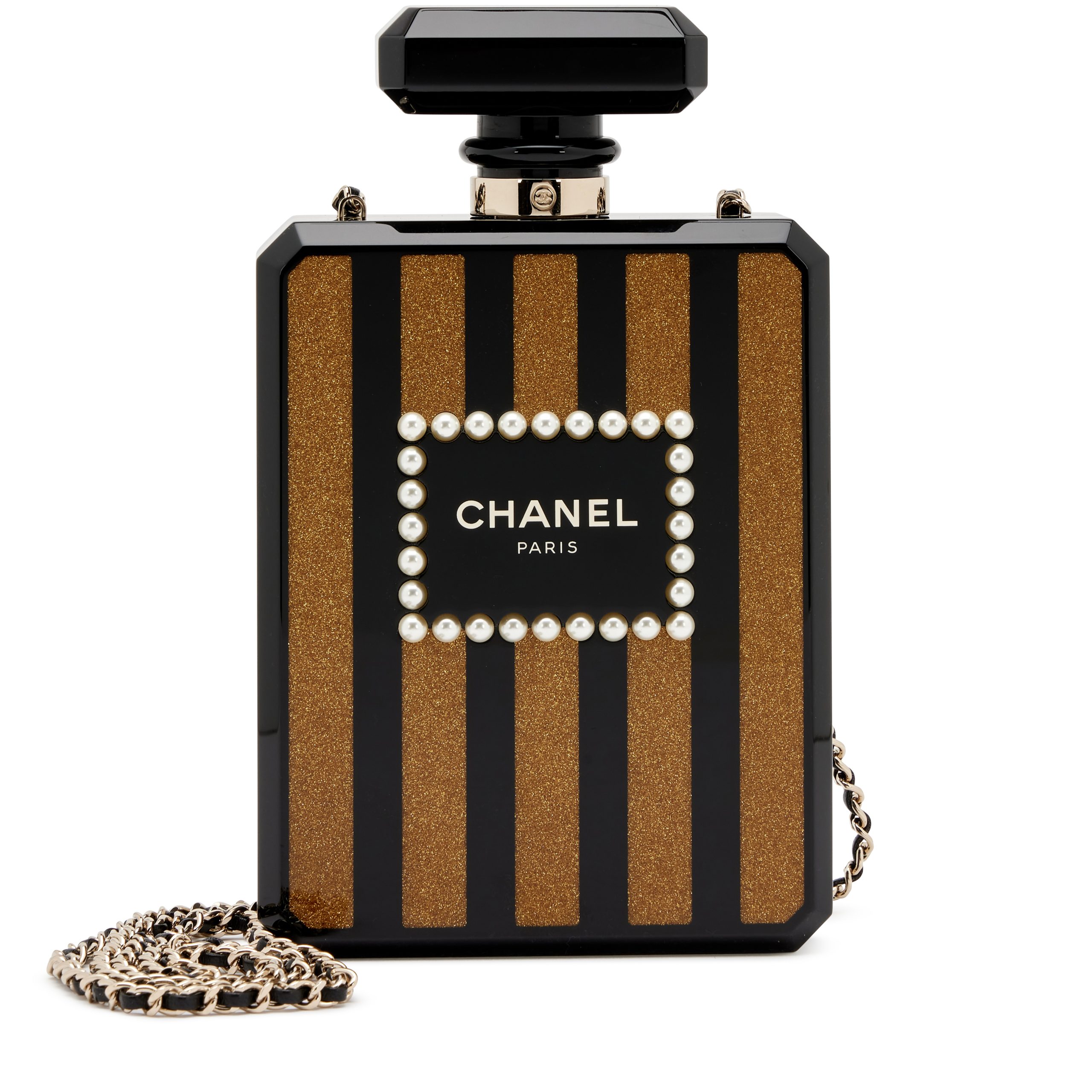 Black and Gold Glitter Plexiglass Imitation Pearl Embellished Perfume Bottle Minaudire Gold Hardware, 2017
