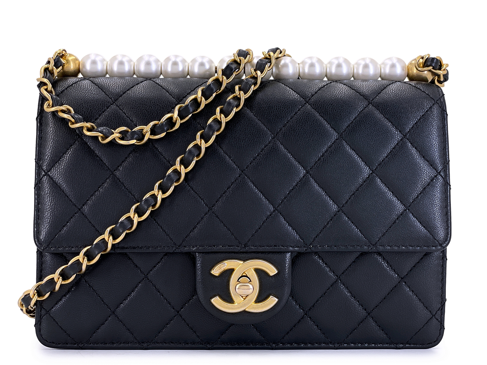 Black Quilted Lambskin Chic Pearl Flap Bag Gold Hardware, 2019