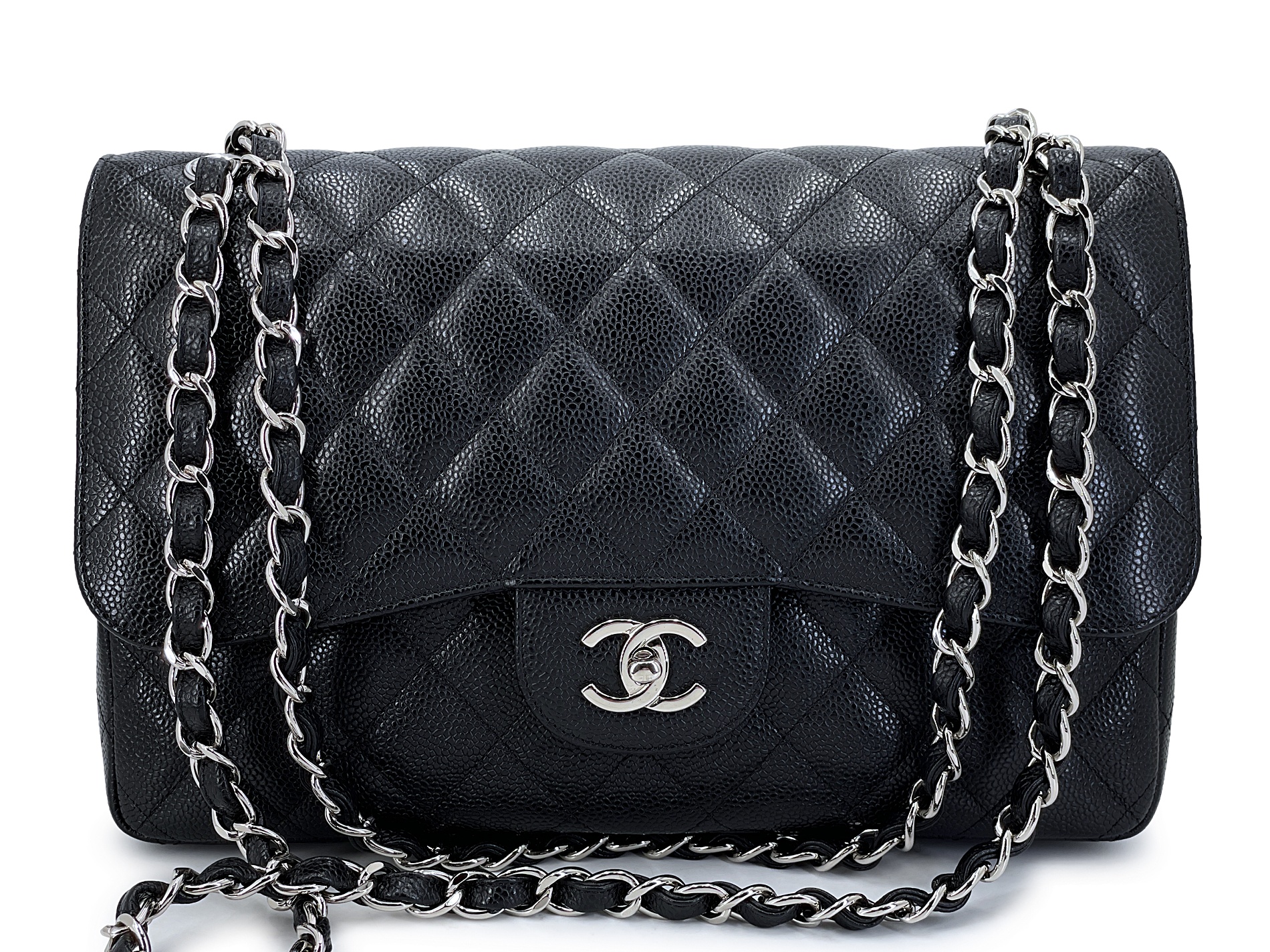 Black Quilted Caviar Classic Jumbo Double Flap Bag Silver Hardware, 2013-2014