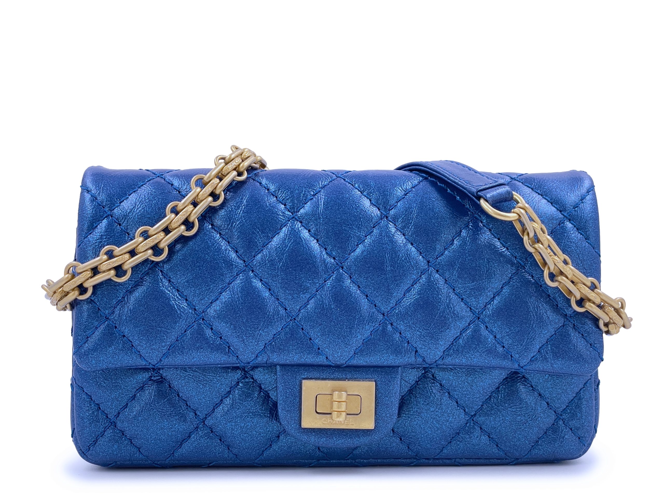 Iridescent Sapphire Blue Aged Quilted Calfskin 2.55 Reissue Belt Bag Aged Gold Hardware, 2019