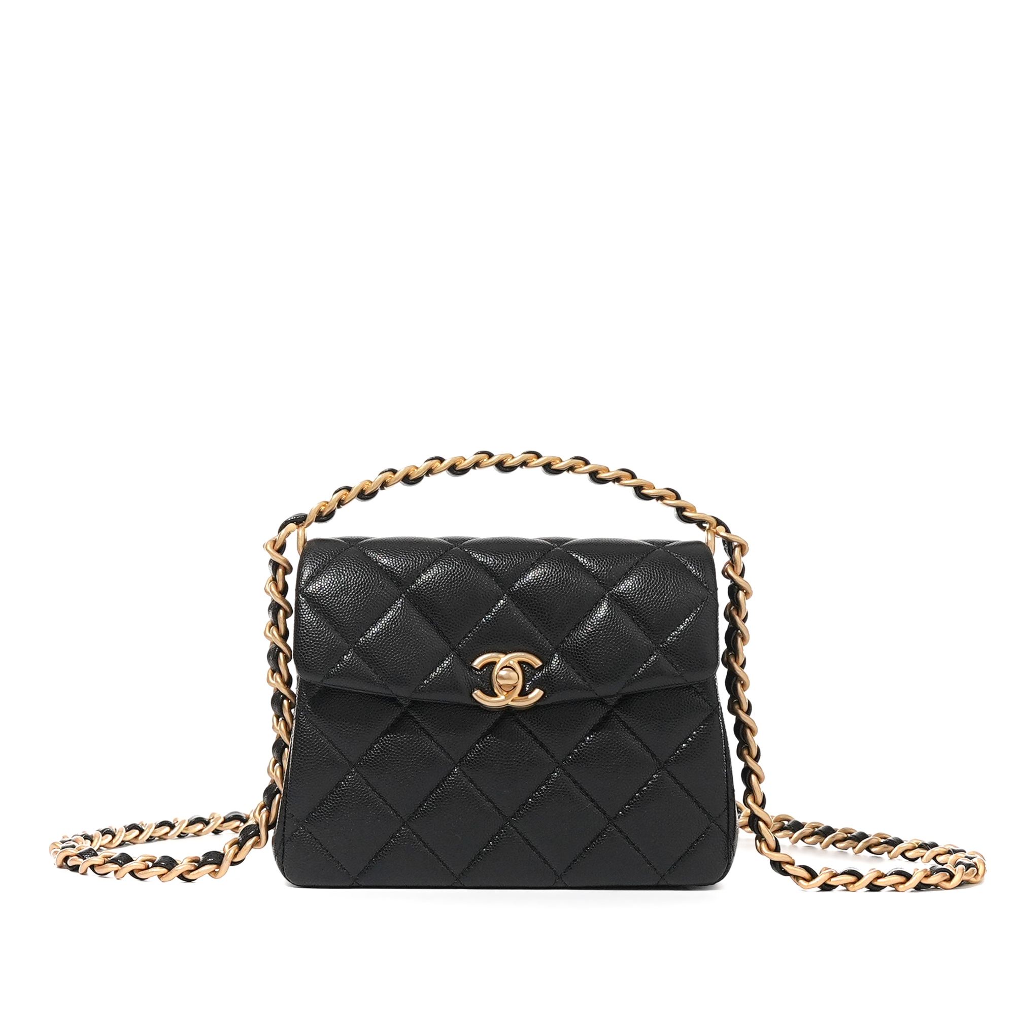 Black Quilted Caviar Top Handle Flap Bag Brushed Gold Hardware, 2024