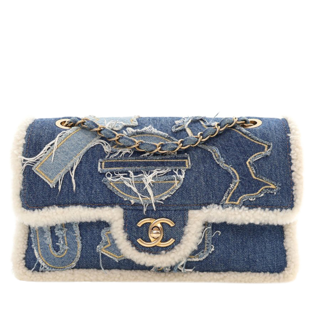 Blue Denim, White Shearling Paris-New York Hieroglyph Maxi Flap Bag Gold Hardware, 2019