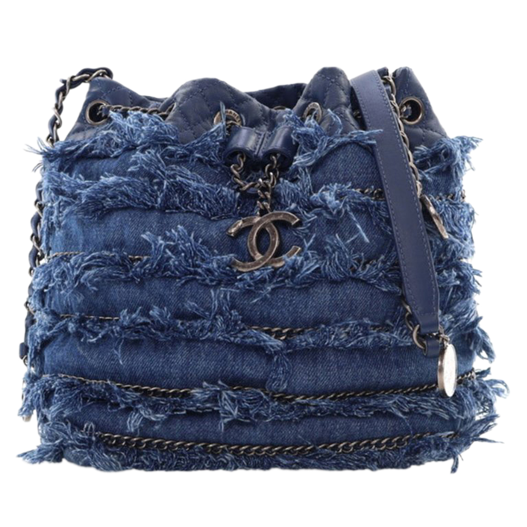 Blue Fringe Denim Paris-Salzburg Edelweiss Bucket Bag Ruthenium Hardware, 2014-2015