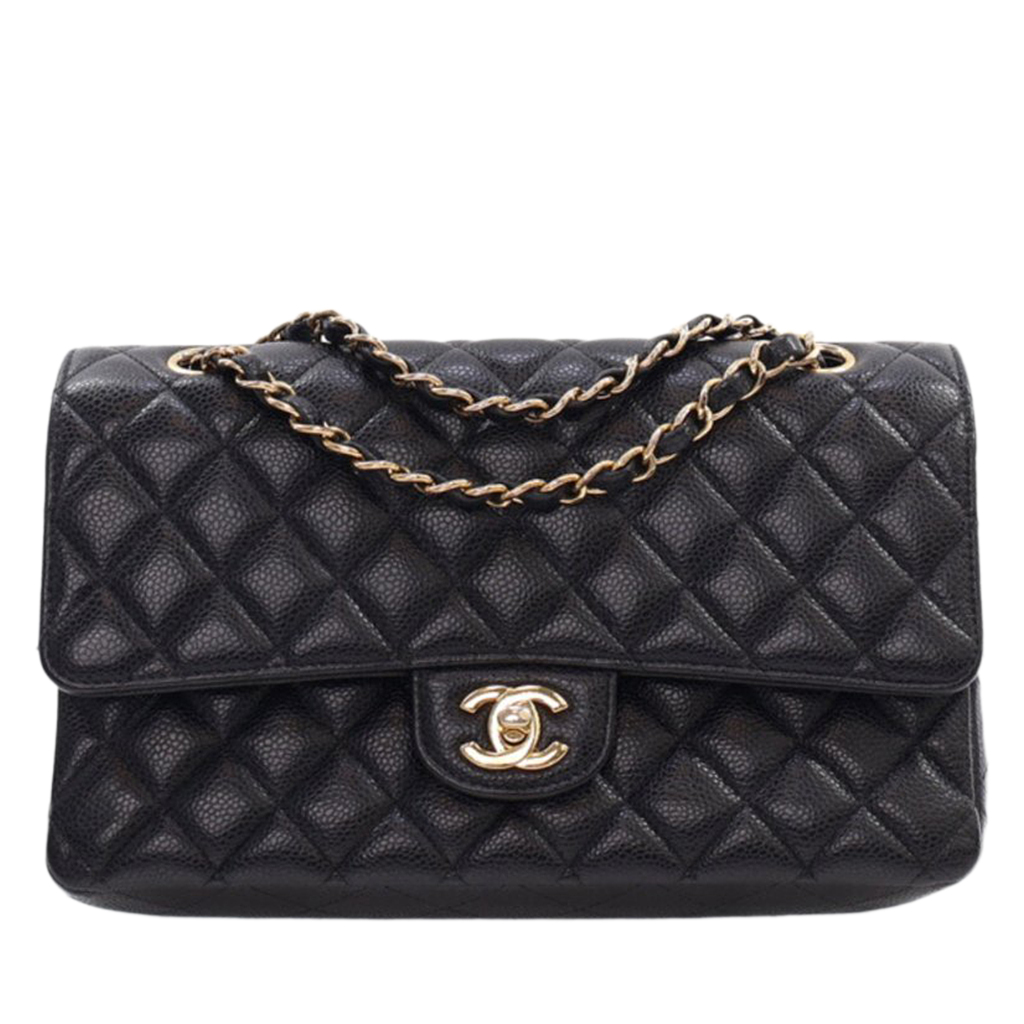 Black Quilted Caviar Medium Classic Double Flap Bag Gold Hardware, 2017