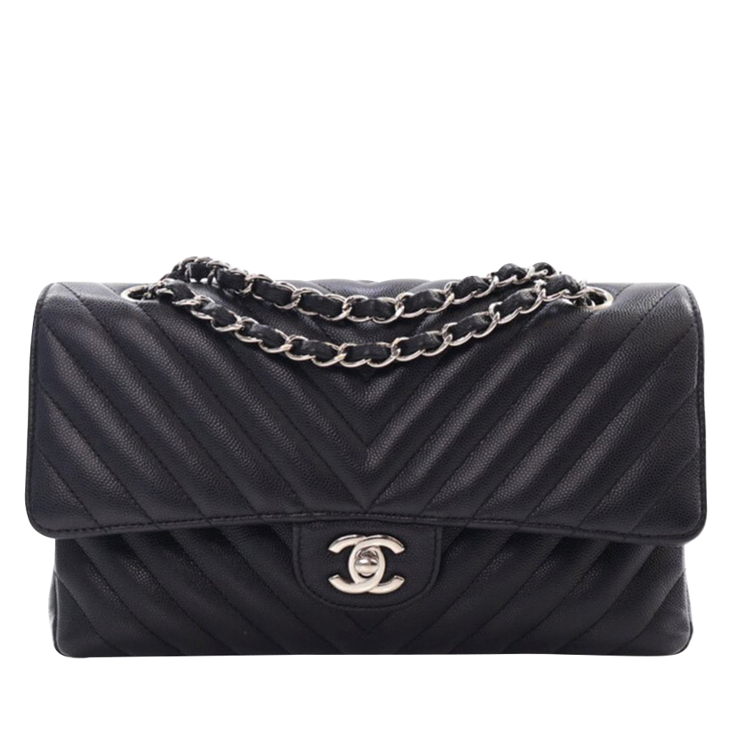 Black Quilted Chevron Medium Double Flap Bag Silver Hardware, 2017