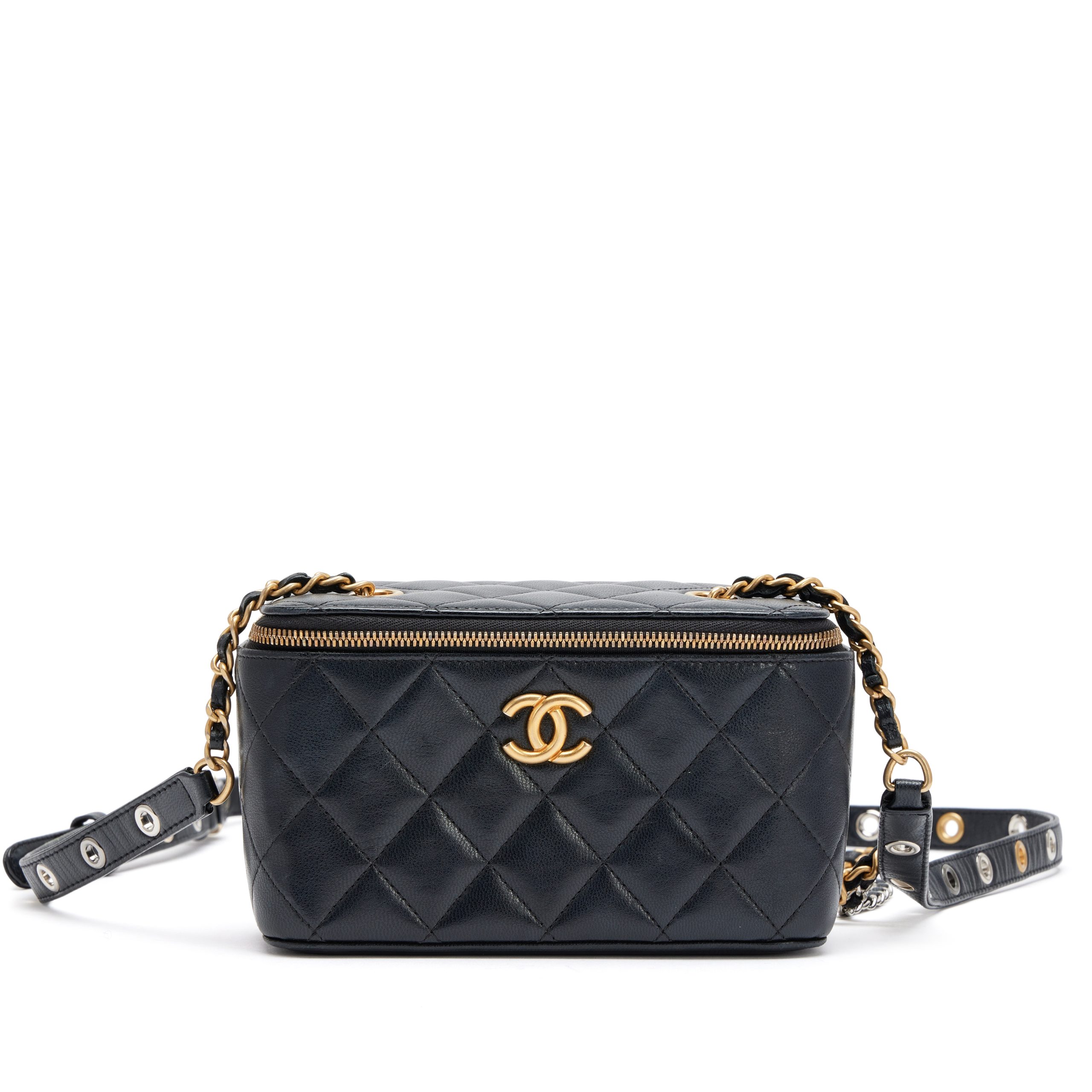Black Quilted Lambskin Mini Vanity Case Mixed Hardware, 2021